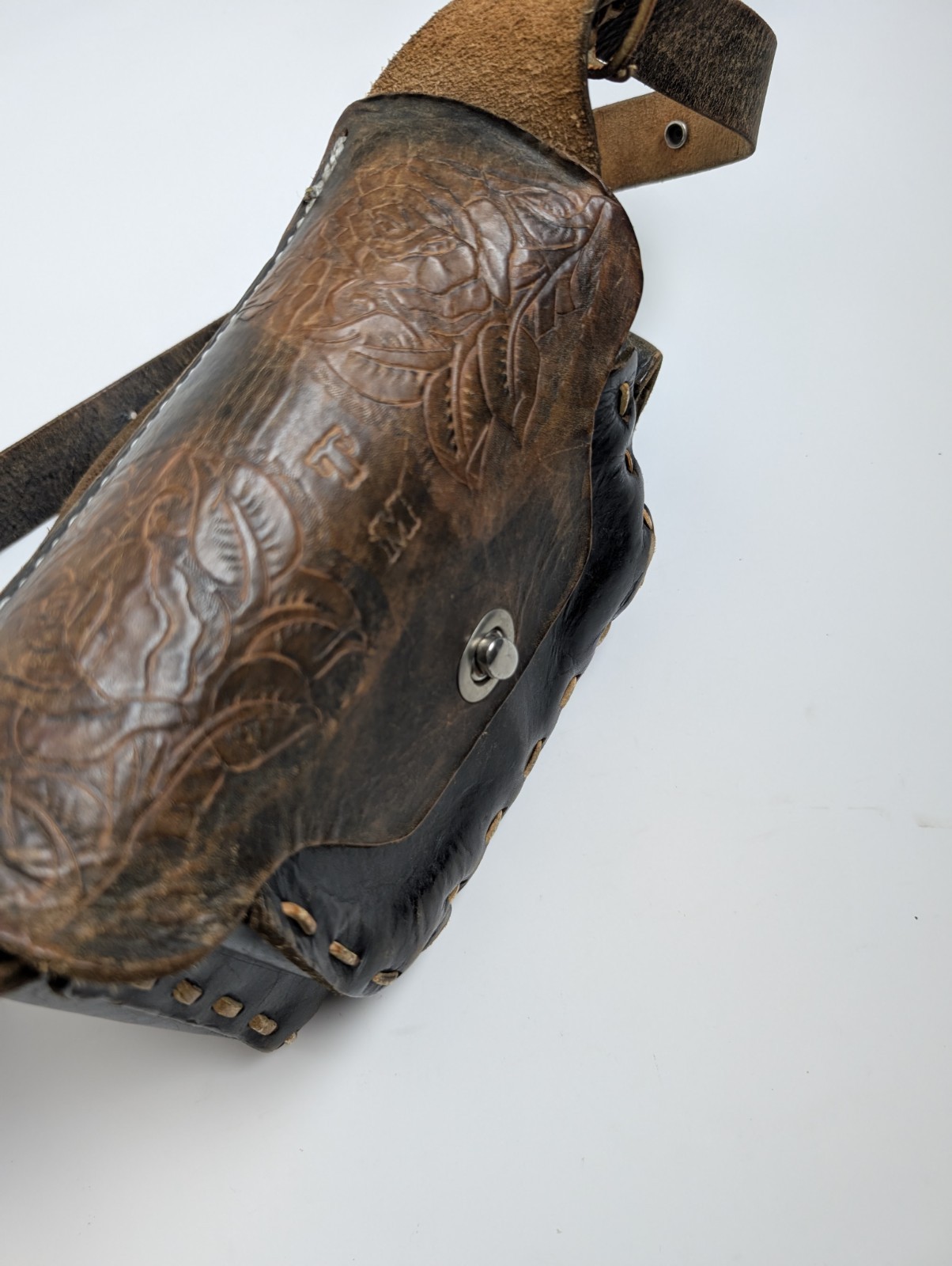 Vintage Hand Tooled Leather Belt Pouch Bag Floral Pattern Monogram TM Handmade