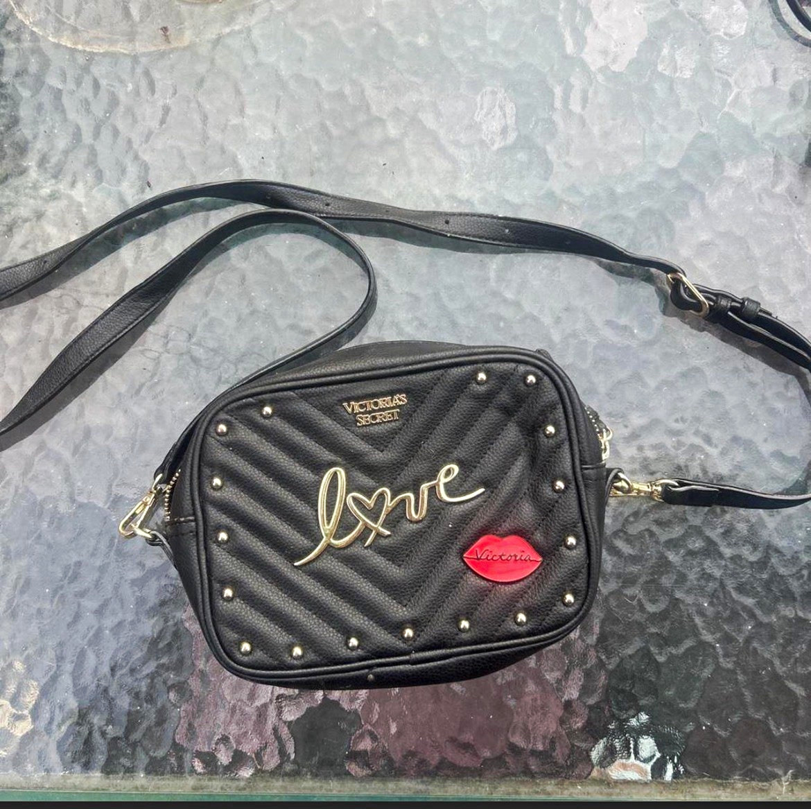Victoria’s Secret Black Studded Heart Love Crossbody Zip Lined Inner Pockets