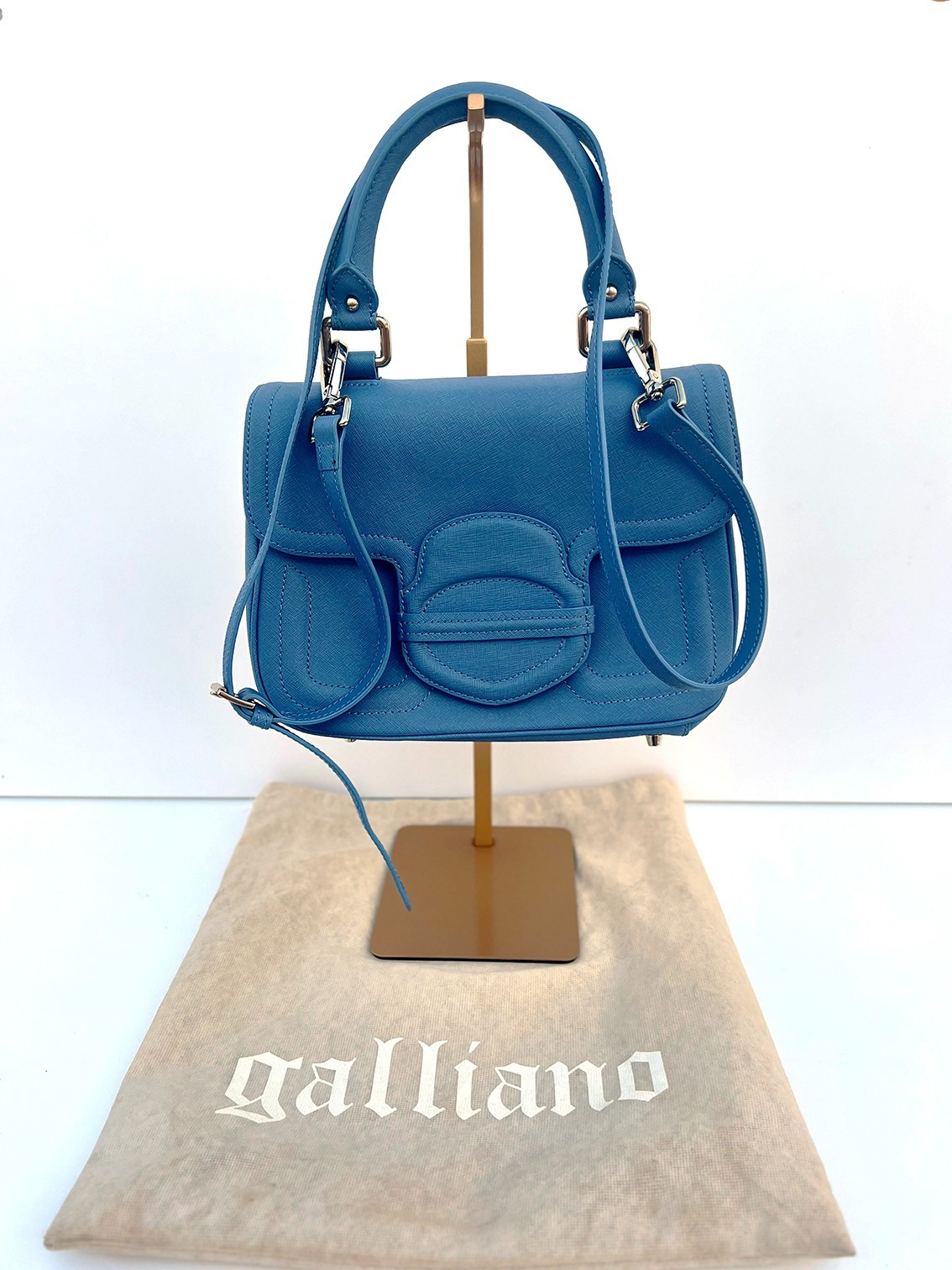 Authentic Galliano Cerulean Blue Saffiano Crossbody Top Handle Bag Newspaper Y2K