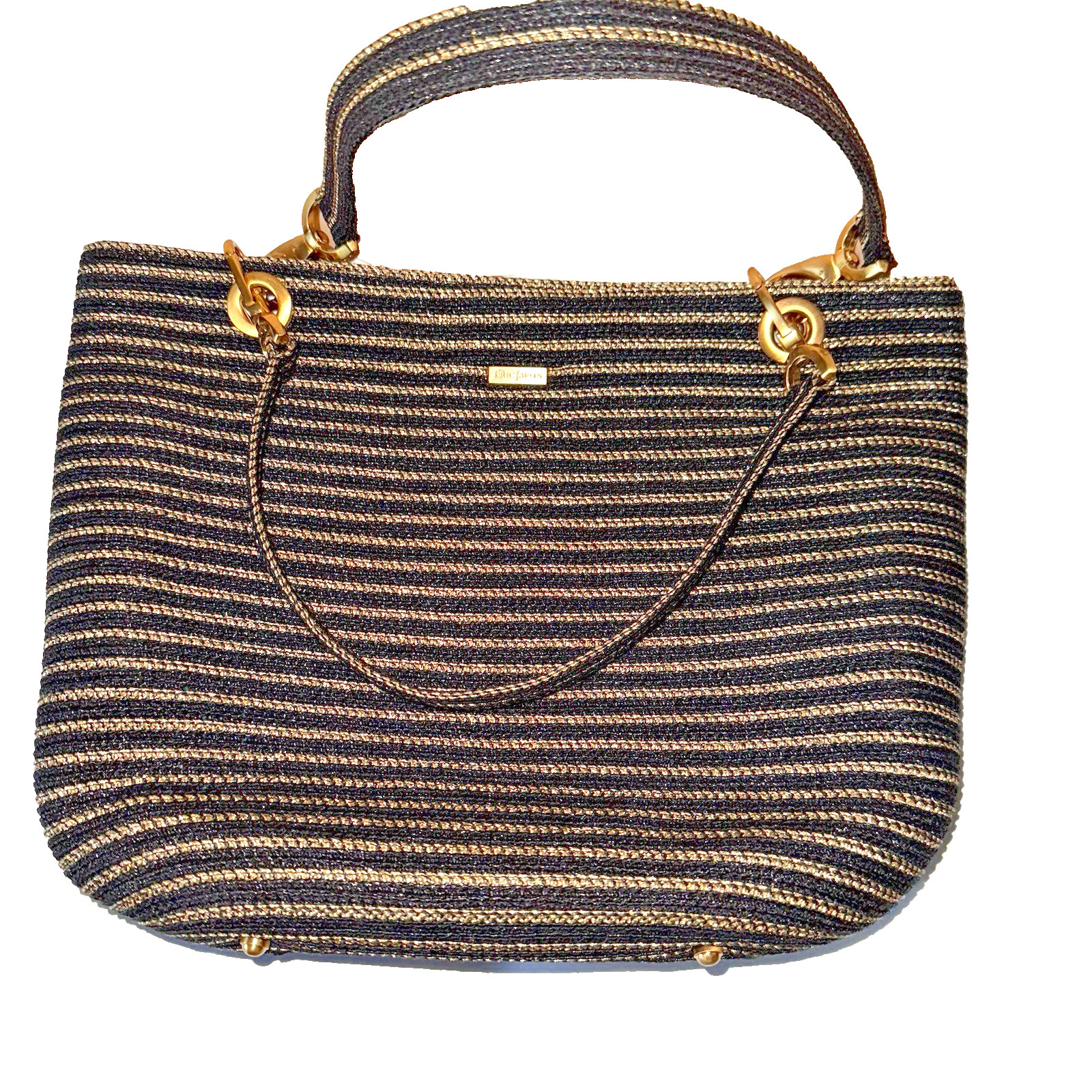 Eric Javits Black Gold Glittery Tote Bag with Gold Hardware & Red Lining EUC