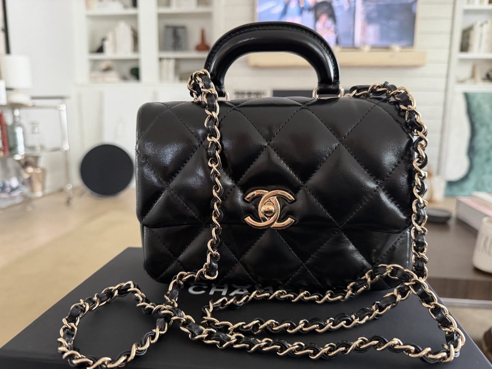 Black Mini Chanel Lambskin Top Handle Bag With Gold Hardware MINT Condition