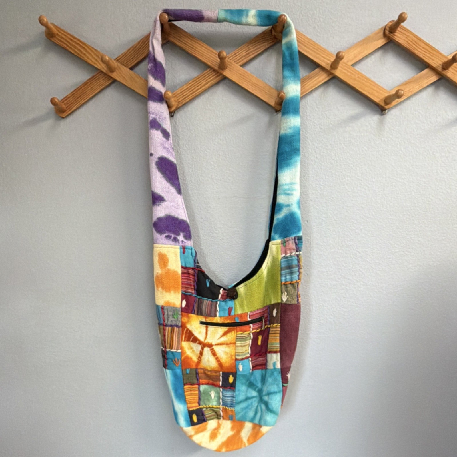 Kathmandu Imports Patchwork Multicolor Embroidered Shoulder Bag Button Accent