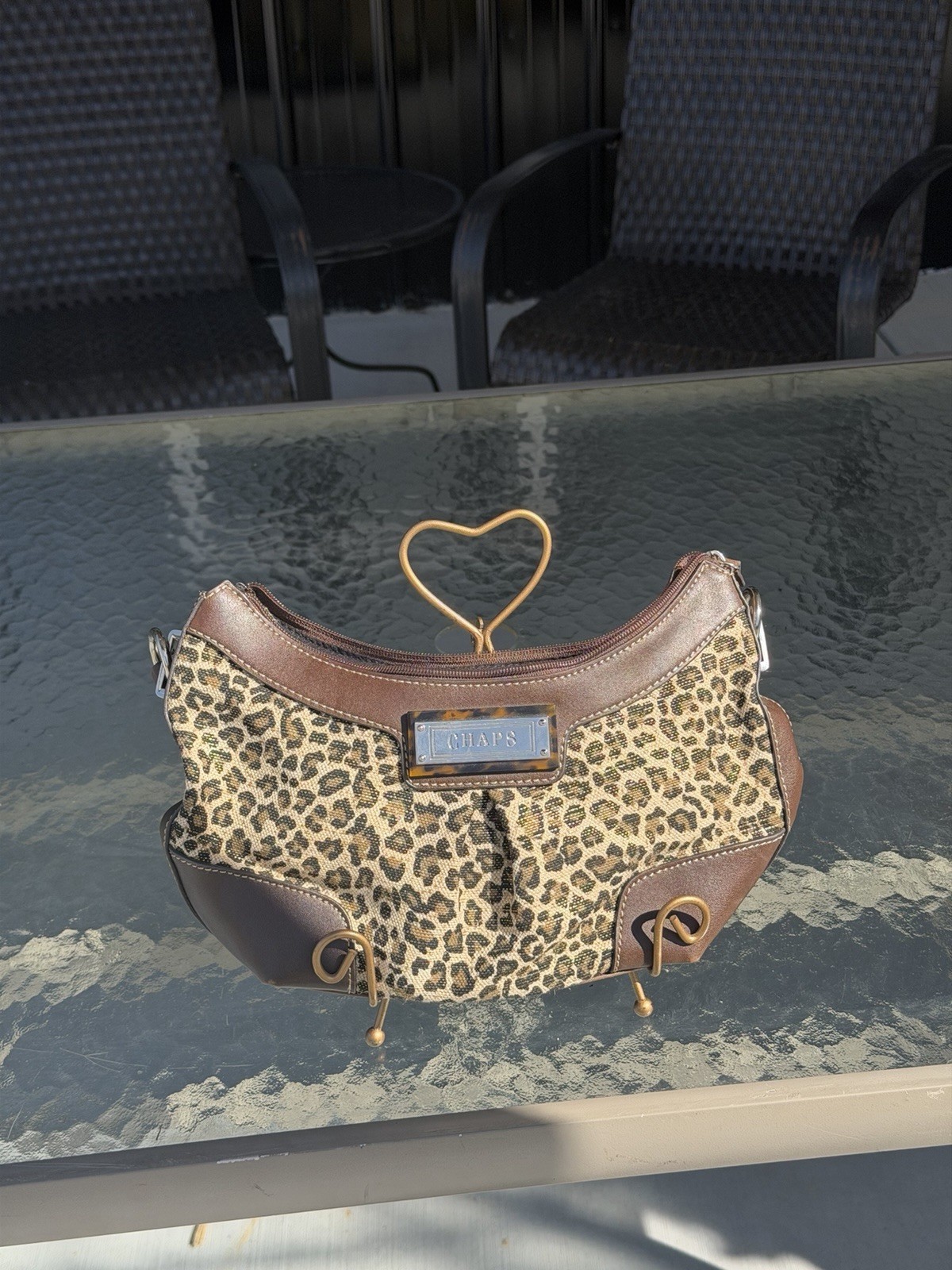 Chaps Women’s Leopard Animal Print Shoulder Bag Zip, Silver Hardware, Lined Y2K