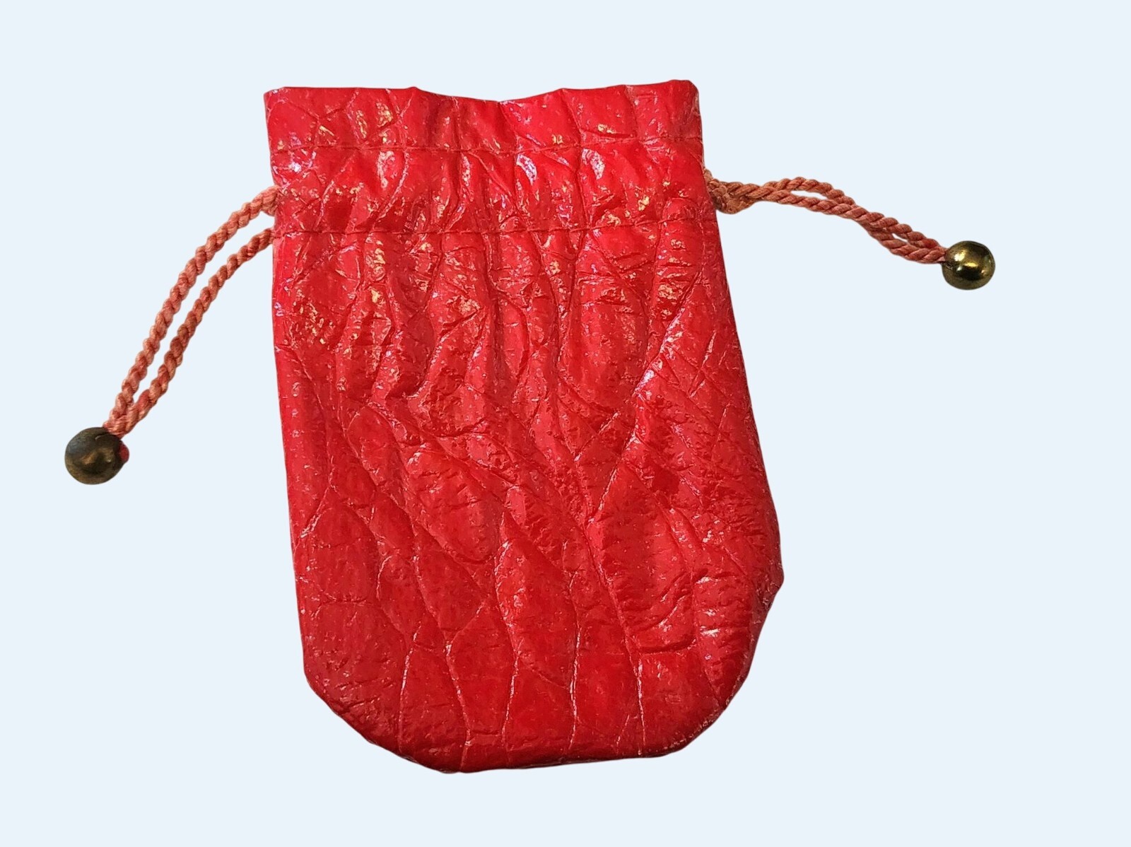 Red Faux Leather Drawstring Pouch With Gold Tone Bead Cord Ends 4″ X 2.75″