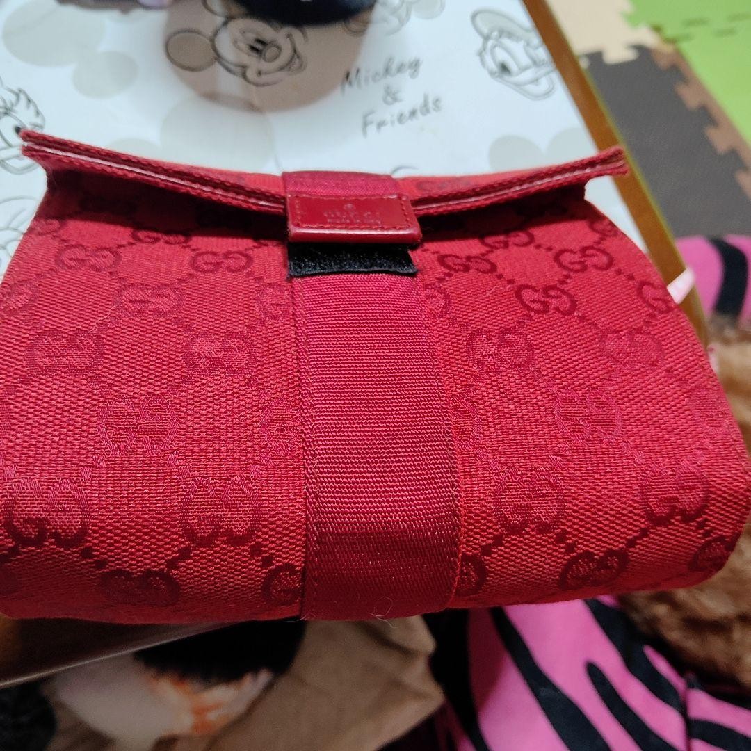 GUCCI GG Mini Pouch Hand Bag Flaplock Leather Canvas Black Red Logo From Japan