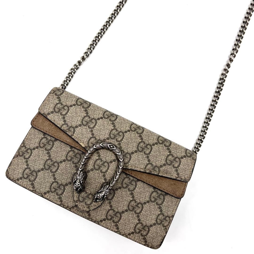 GUCCI Dionysus Super Mini Chain Shoulder Bag Brown Leather Unisex Authentic