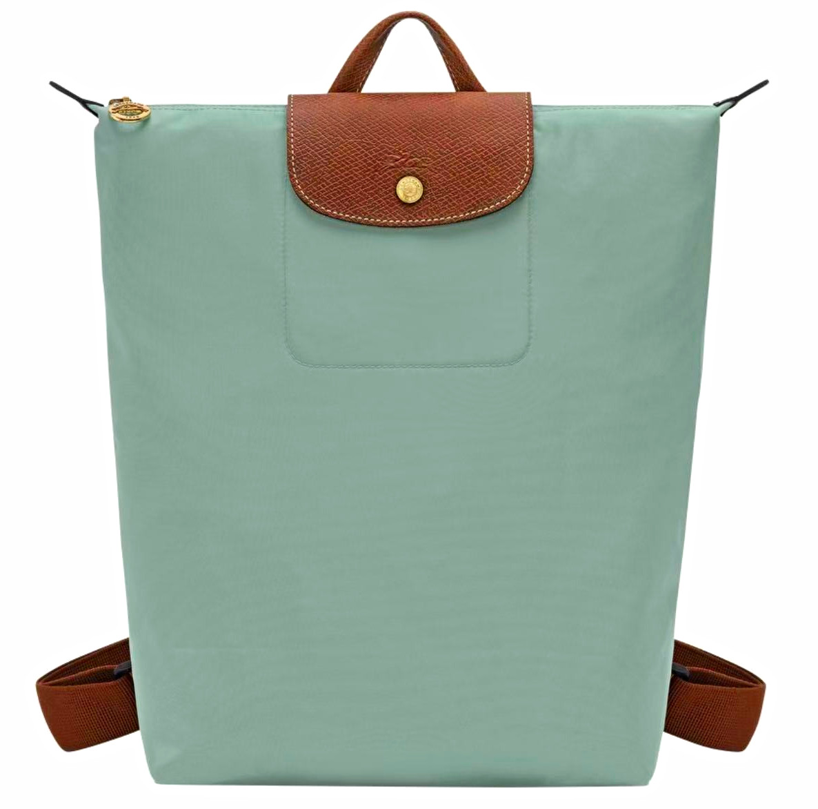 Longchamp Le Pliage Green Backpack Zip Snap Gold Hardware Brown Straps