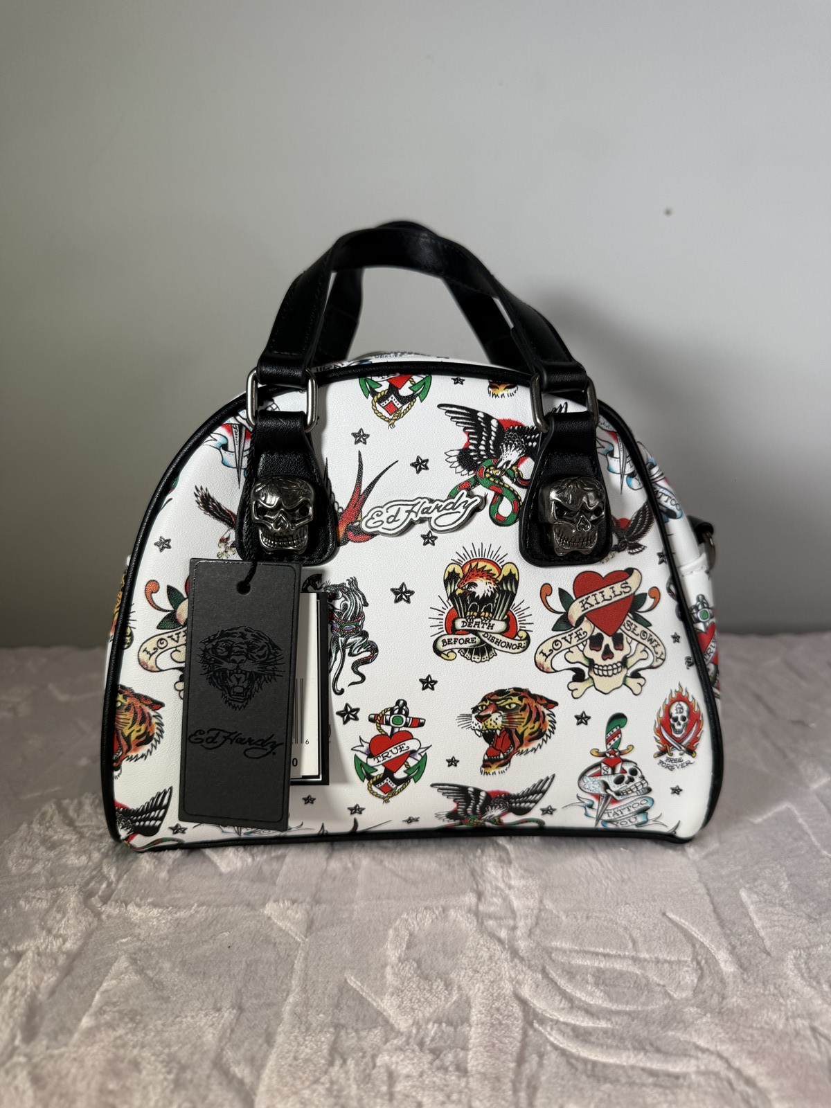 Ed Hardy white tattoo print bowler bag