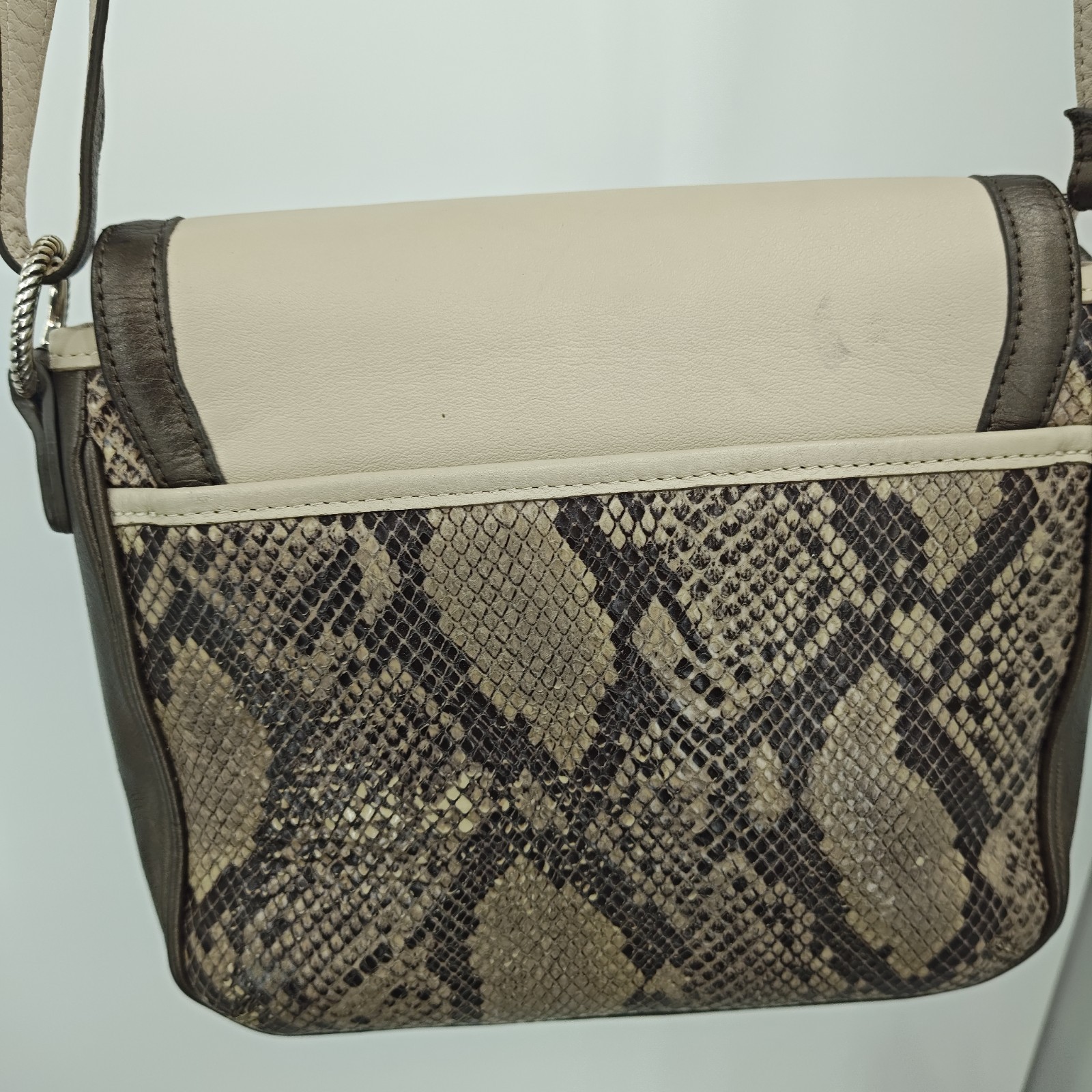 Brighton Crossbody Handbag Snakeskin Pewter Gray Beige Flap Front