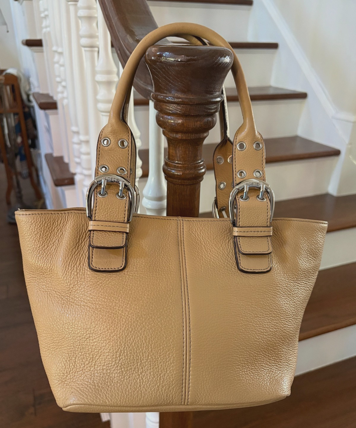 Lovely Tignanello, Rich Cognac Pebbled Leather Satchel, Chic Grommet Detail 13″