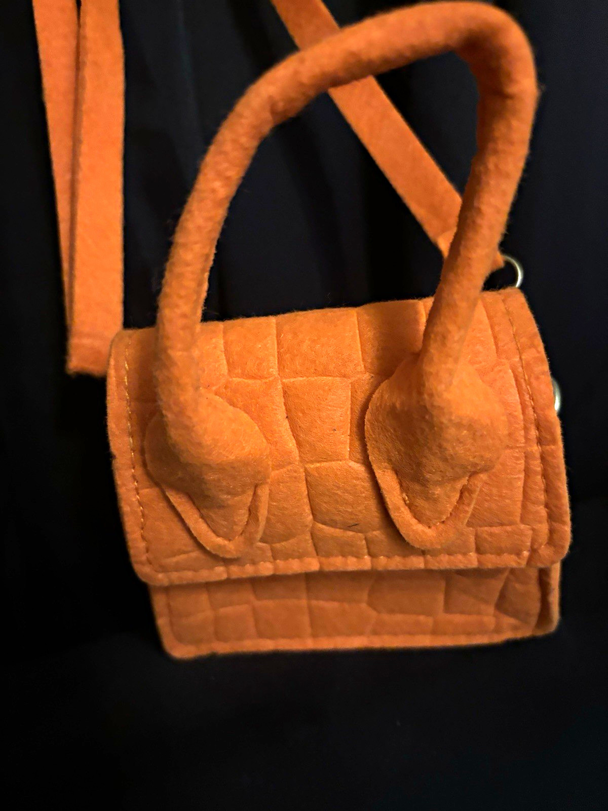 Orange Quilted Mini Satchel Top Handle Bag w/ Detachable Shoulder Strap Silver