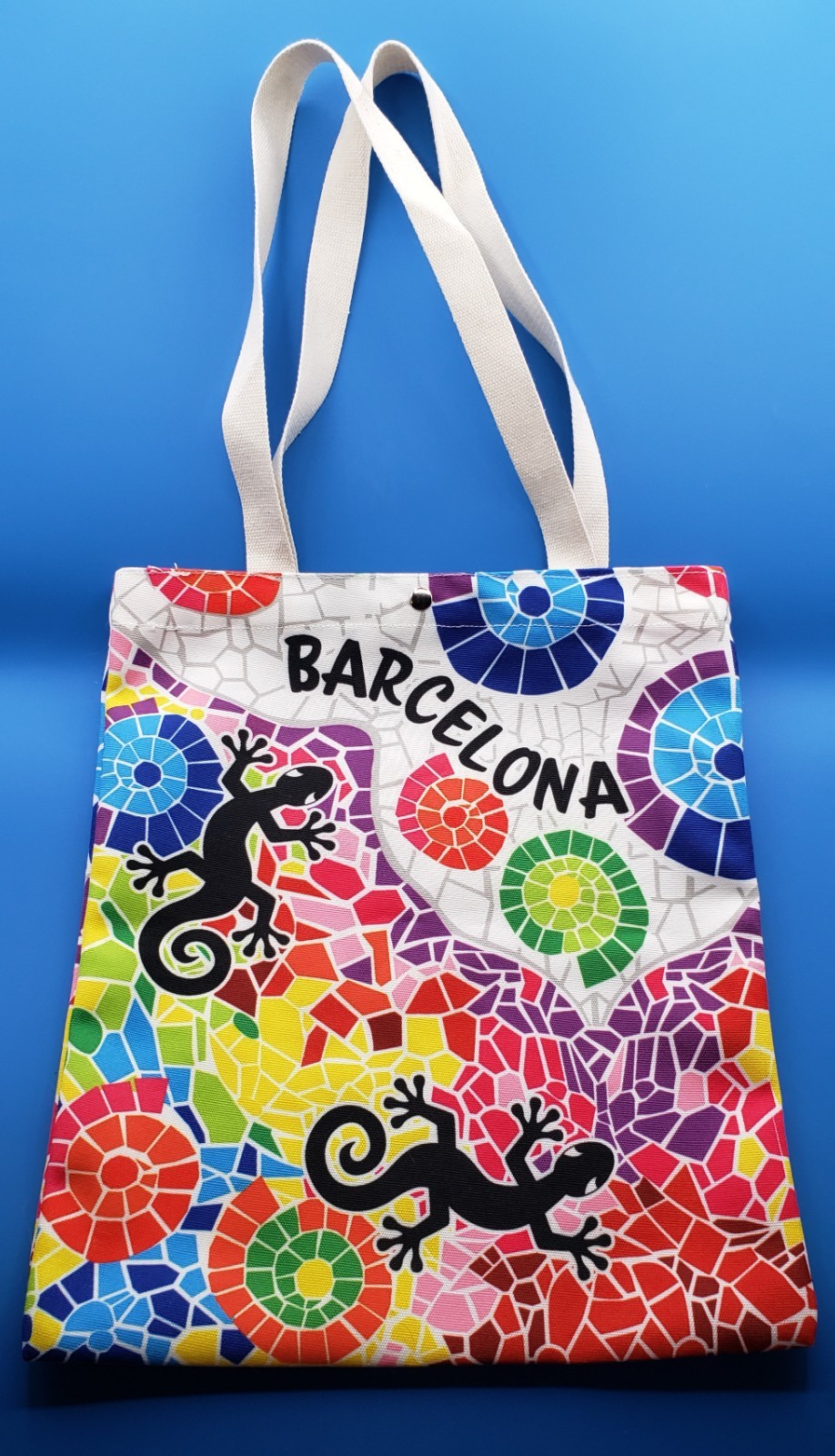 Barcelona Mosaic & Lizard Snap Top Canvas Tote Bag 13″x15″ EUC