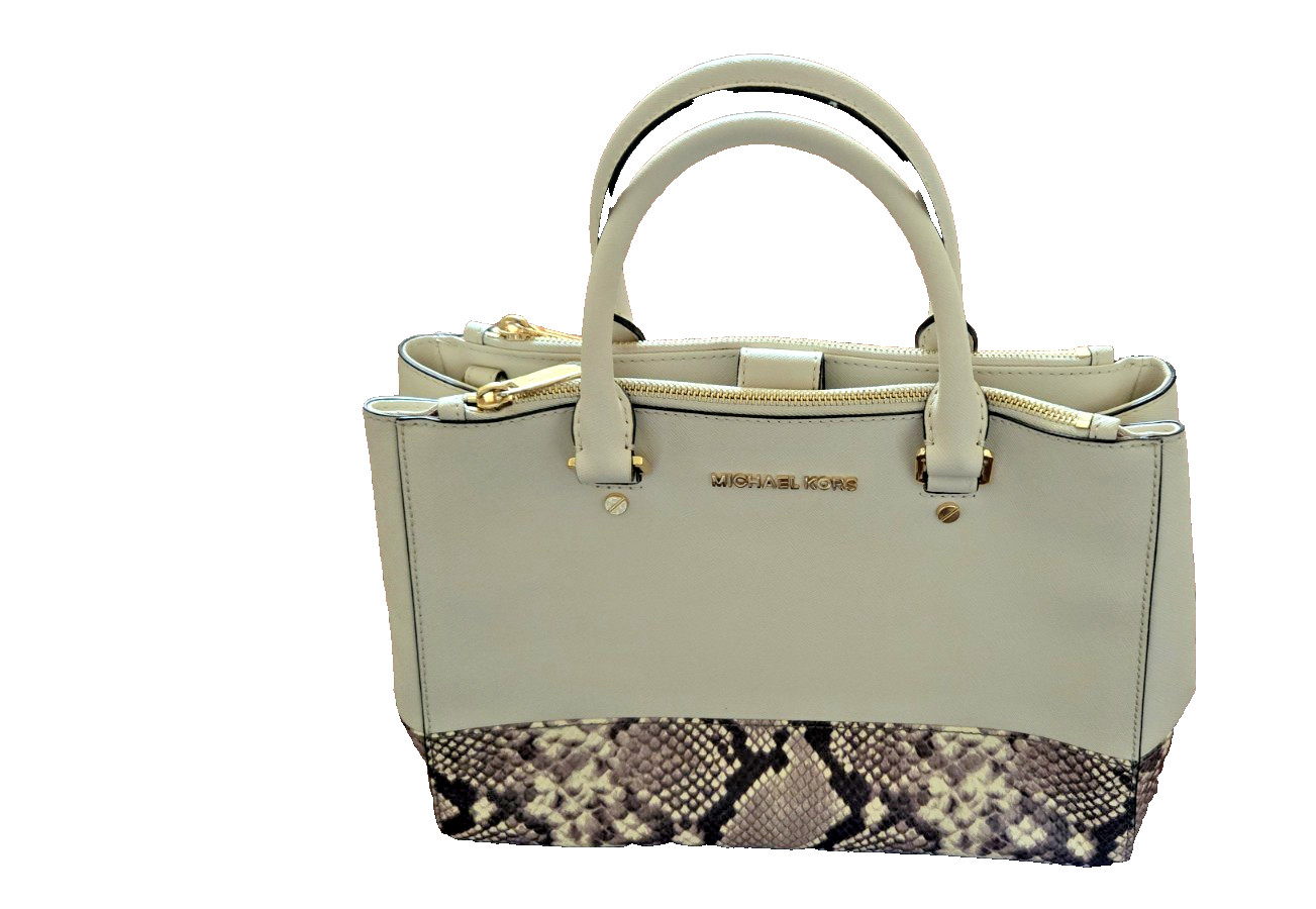 Michael Kors Savannah Satchel Set Vanilla Leather Snakeskin Trim Wallet Dustbag