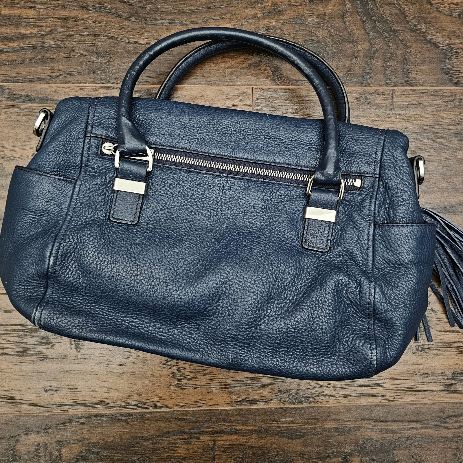 Michael Kors Pebble Leather Weston Satchel Handbag Blue Fold over Tassel Silver