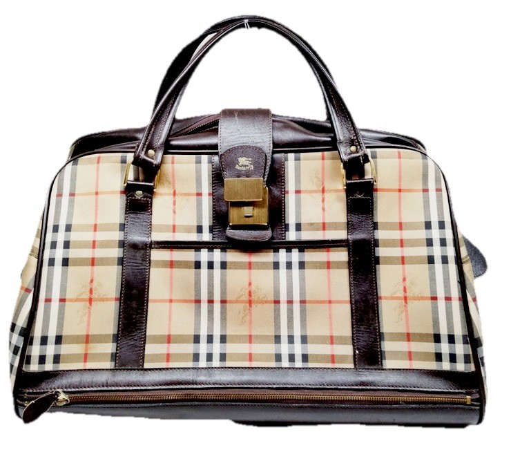 Vintage Burberry Beige Boston Large Travel Bag Haymarket Check Canvas