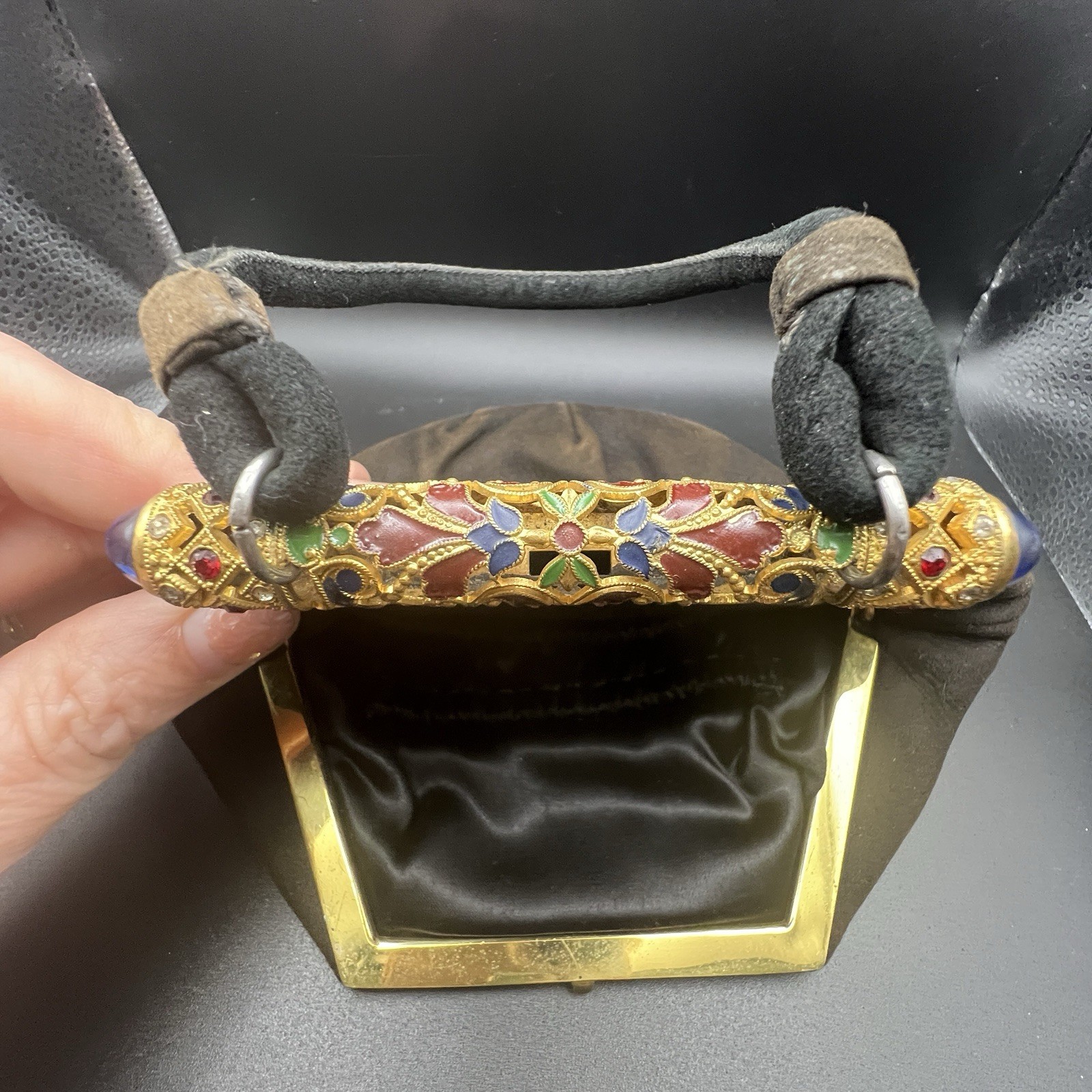 VTG1950s Jolles Original Enameled Closure Faded Black Bag Purse Silky Interior