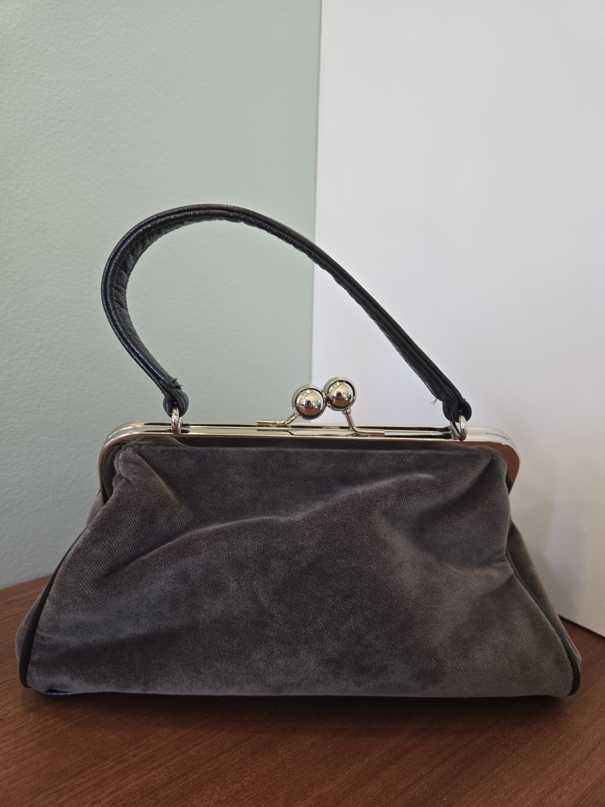 Glenda Gies Gray Chenille Handbag Silver And Black Leather Accents