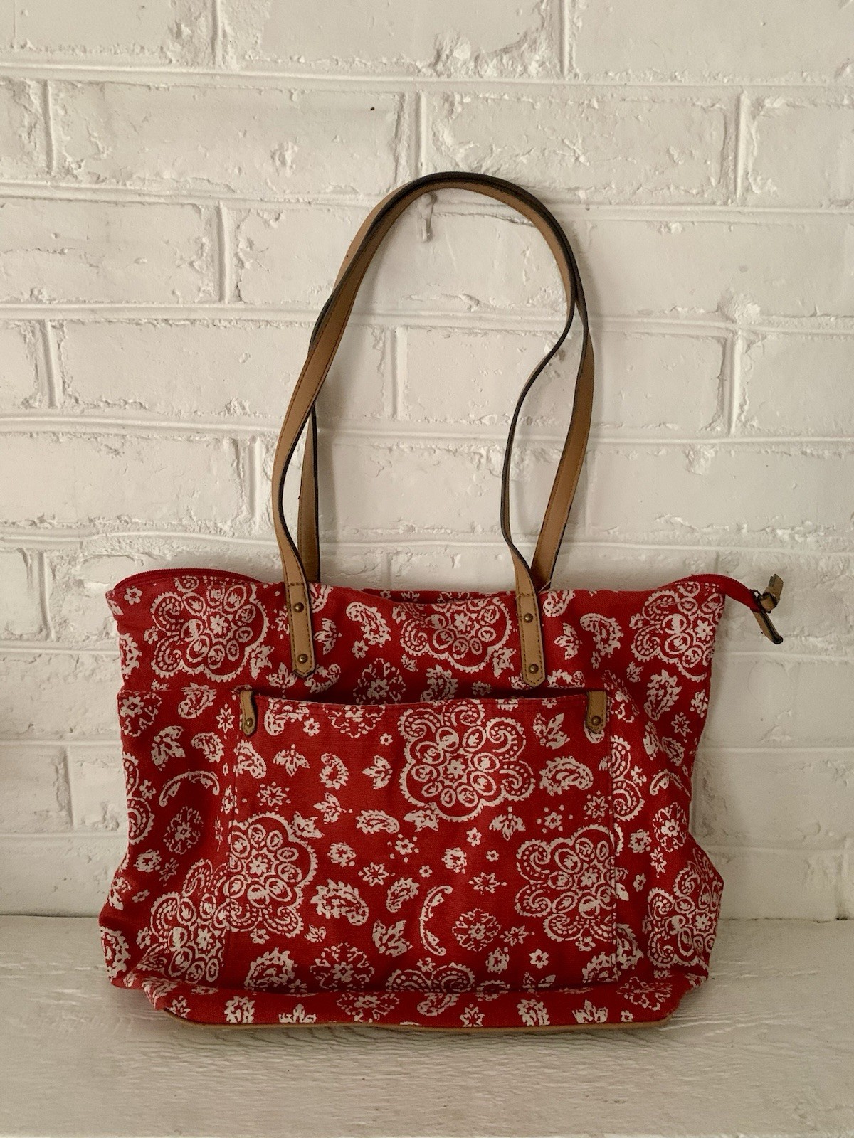 SONOMA Goods for Life Red/White Paisley Tote Bag Zip Top Shoulder Strap Pockets