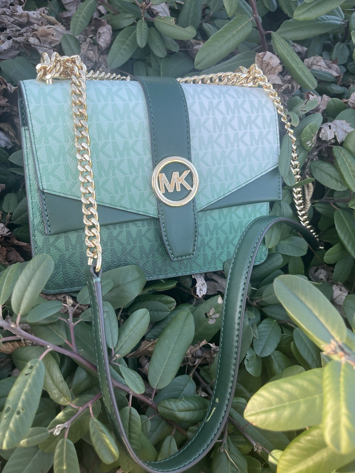 Michael Kors Greenwich Women Small MK Flap Crossbody Hand Bag Green Moss Multi