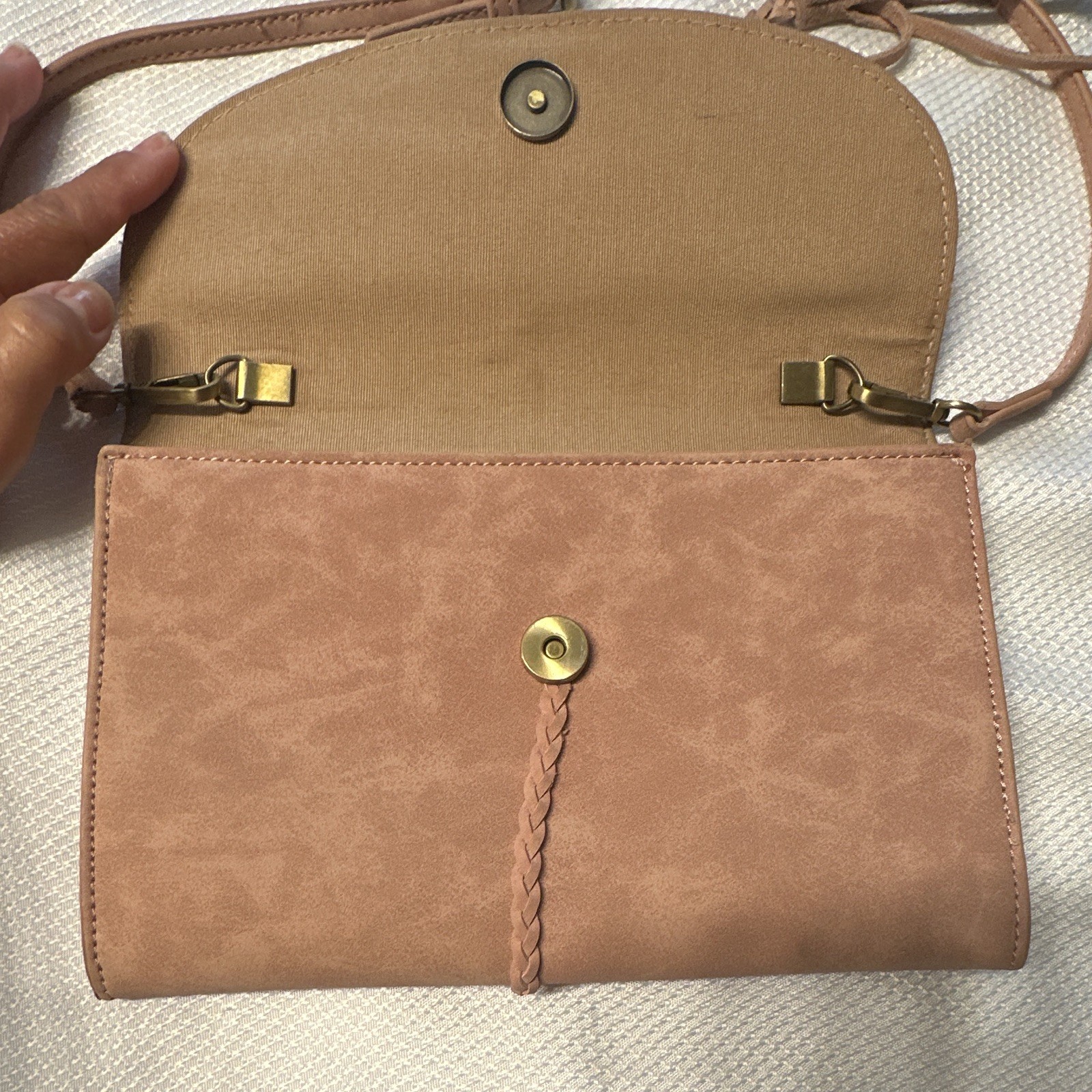 Anthropologie Women’s Tan Crossbody Bag Tassel Braided Strap Magnetic Closure