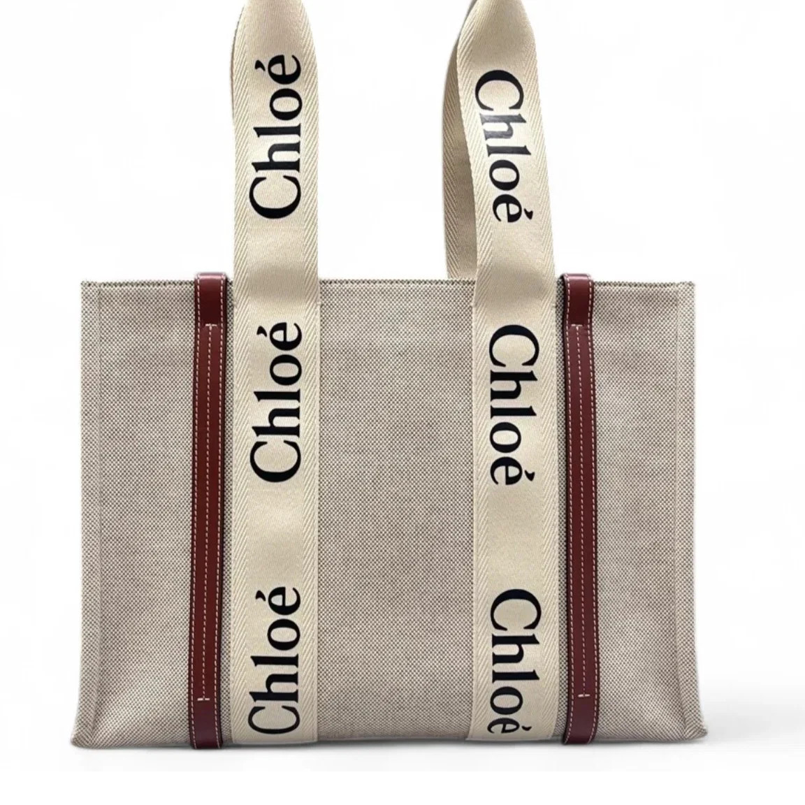 Chloe Medium Woody Ribbon Tote Beige Brown Black Canvas Calfskin (sa071626a2r)