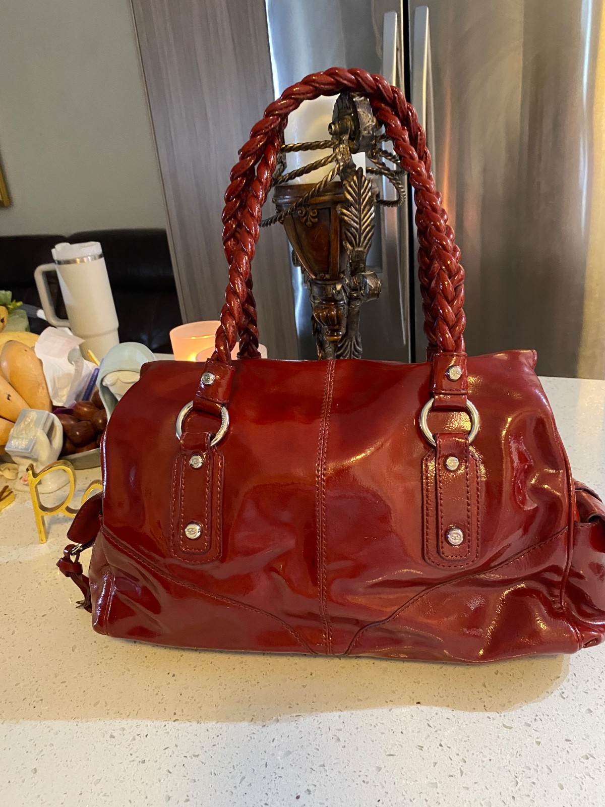 Francesco Biasia Secret Love Red Leather Shoulder Bag Satchel Braided Handles