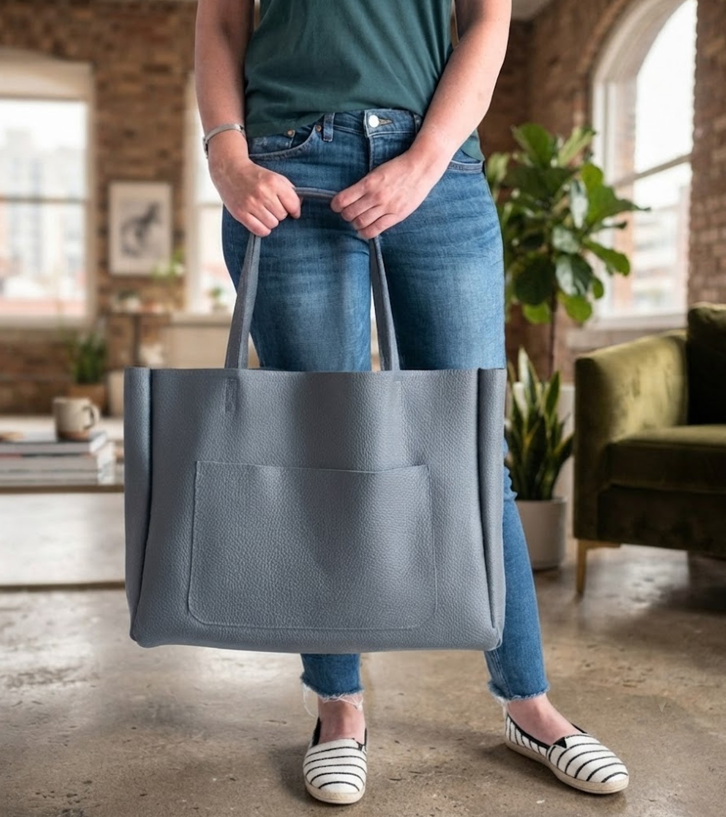 Handmade Full Grain Leather Tote Bag, Grey Shoulder Purse, Work Bag For Women’s