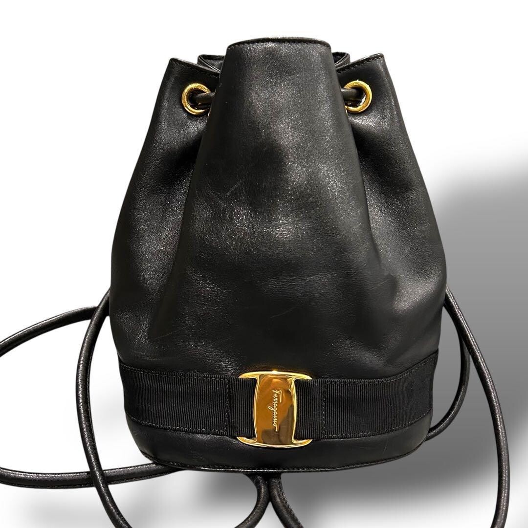 Salvatore Ferragamo Black Leather Backpack Gancini Gold Hardware Women Italy
