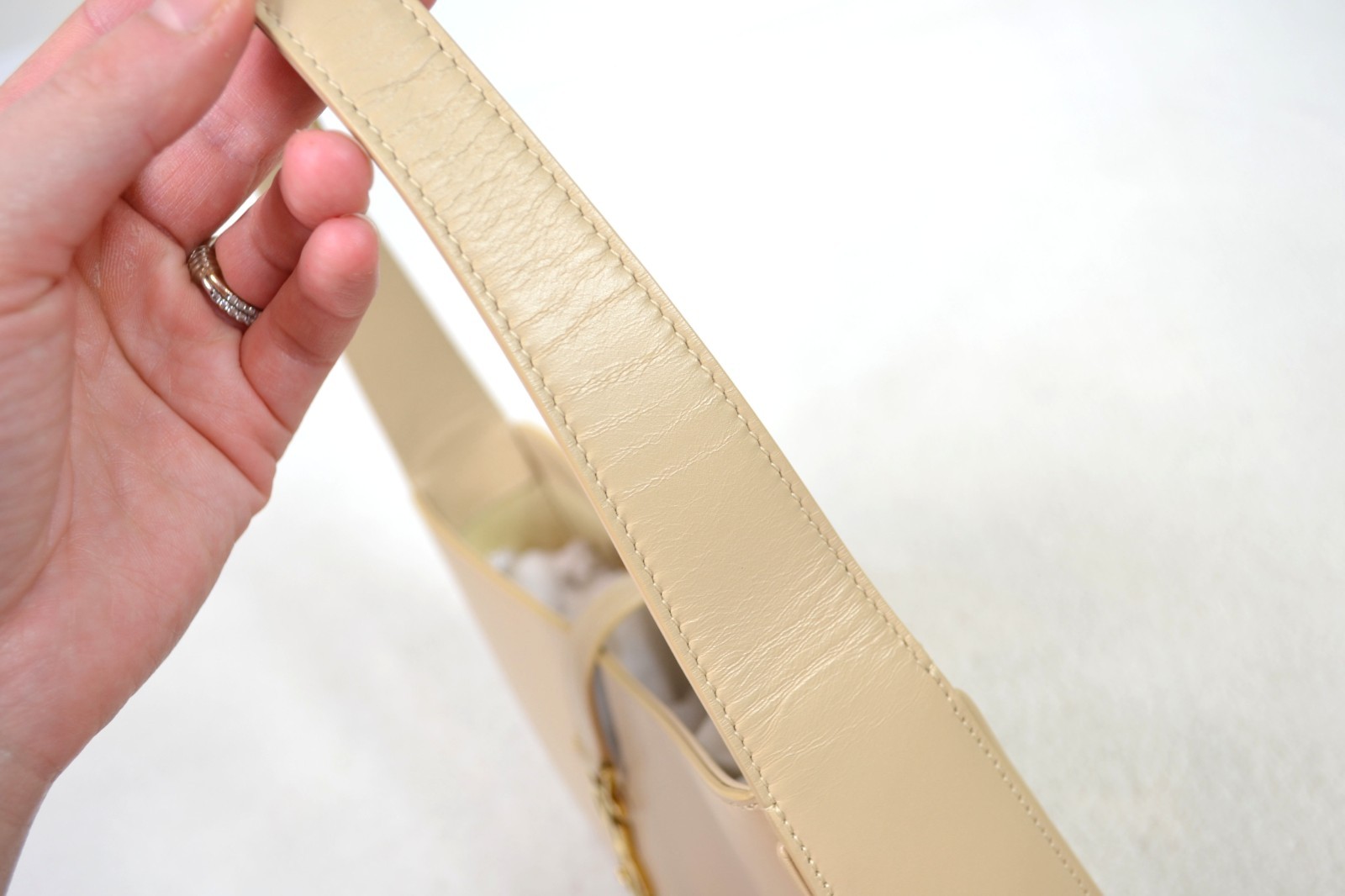 Saint Laurent YSL Le 5 a 7 Beige Smooth Leather Shoulder Bag Purse Handbag