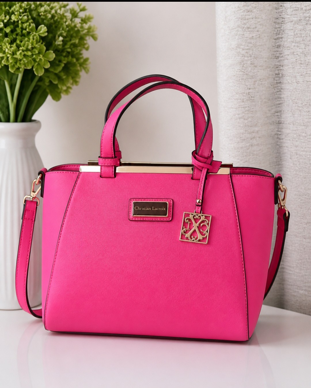 Christian Lacroix Pink Structured Satchel Handbag Gold Hardware Top Handle Purse