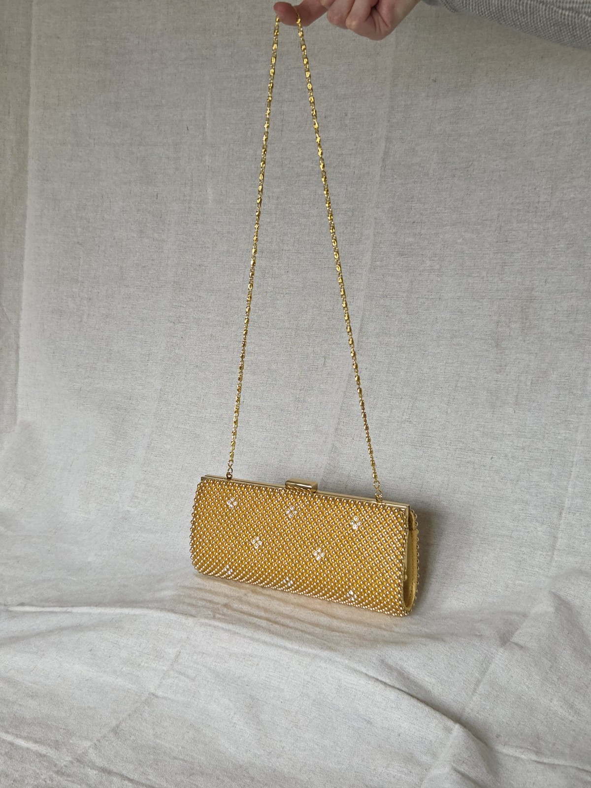 Gold Beaded Clutch Evening Bag Rhinestone Accent Chain Strap Vintage