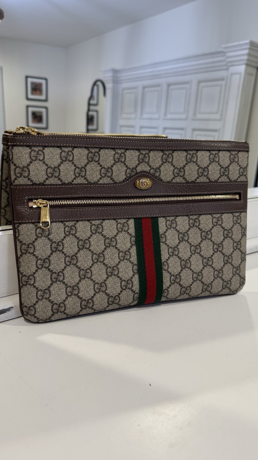 Gucci GG Pattern Web Stripe Zip Wrist Strap Clutch w/ Dust Bag & Box