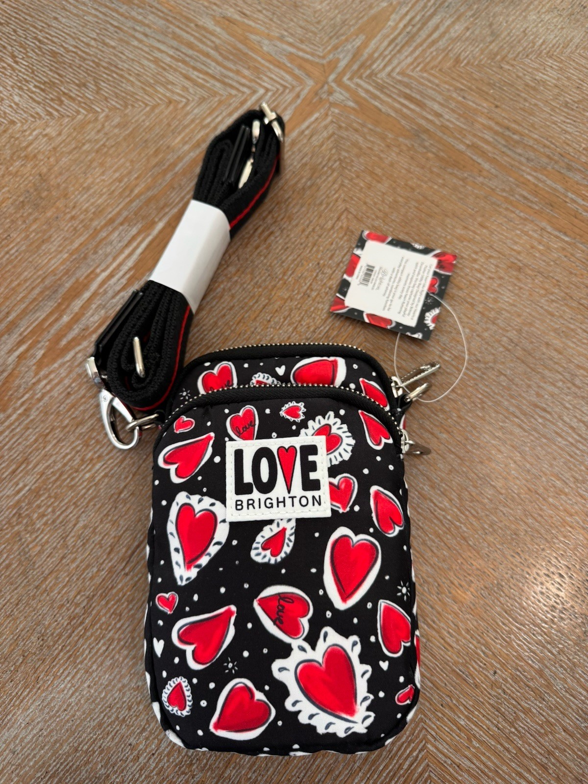 NWT Brighton Love Crossbody/Phone Bag Heart Print Black Red Mini 8X4.5X1.75”