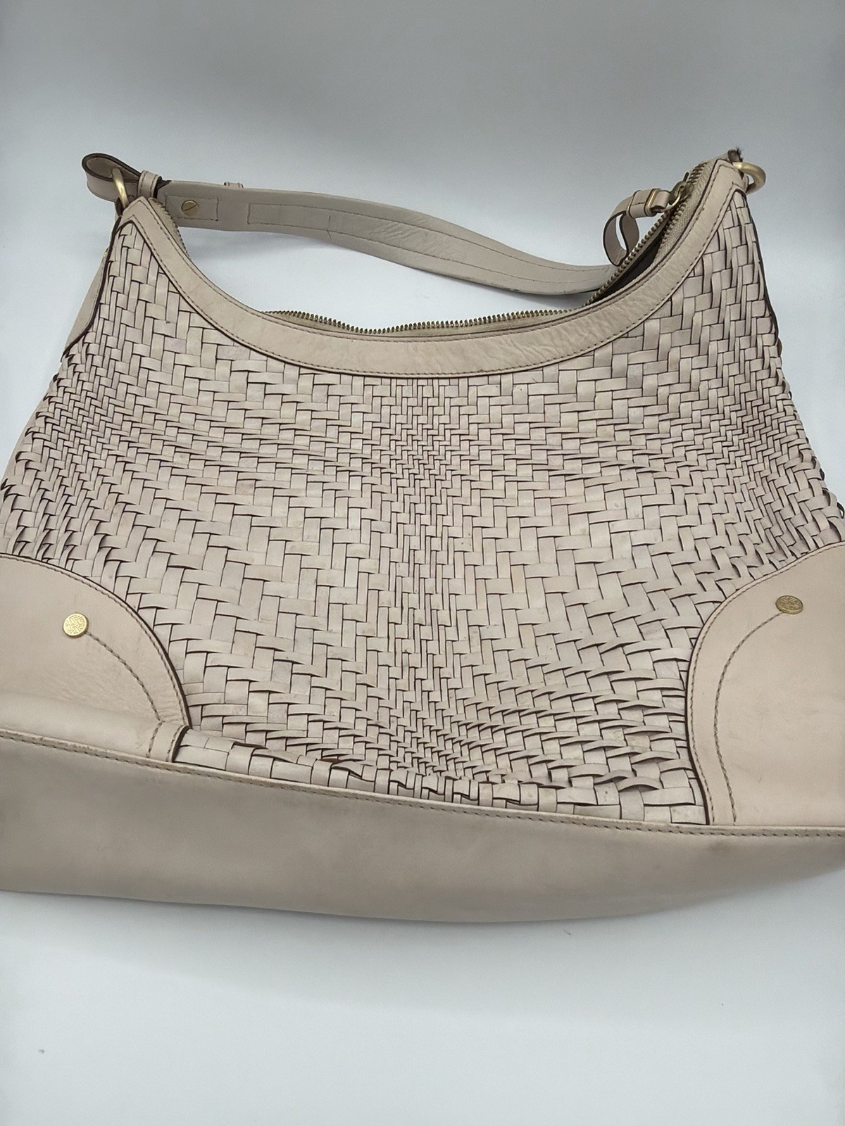 Cole Haan Beige Genevieve Woven Leather Hobo Handbag Purse Basketweave