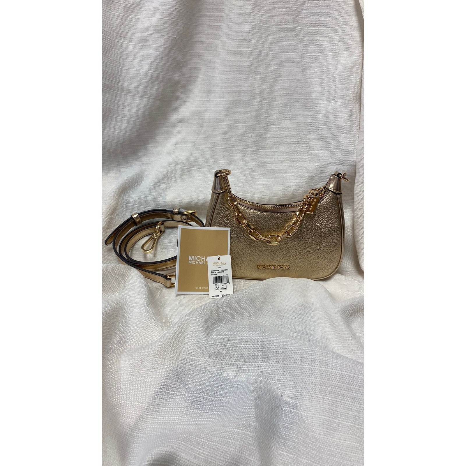 NWT- Michael Kors Pale Gold Mini Zip Pouchette with Chain Strap