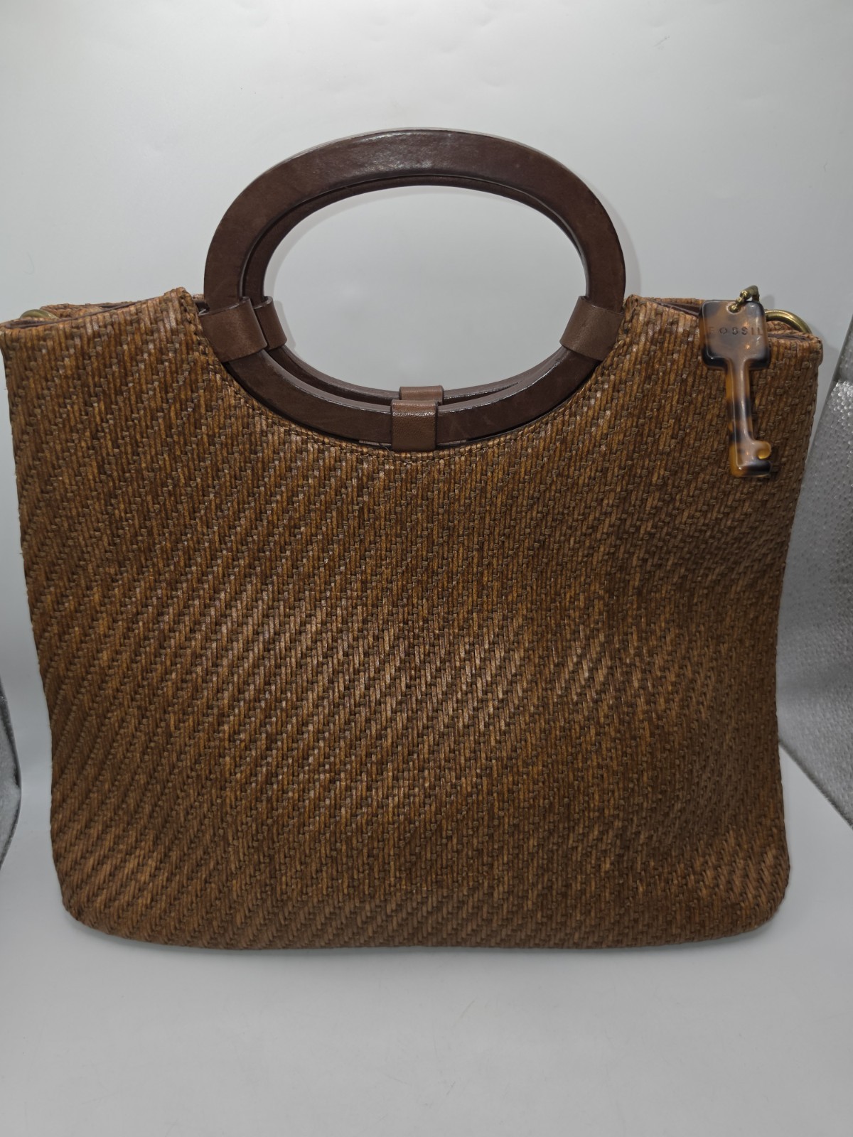 Fossil Woven Purse 75082 Leather Ring Handle No Shoulder Strap W/Key