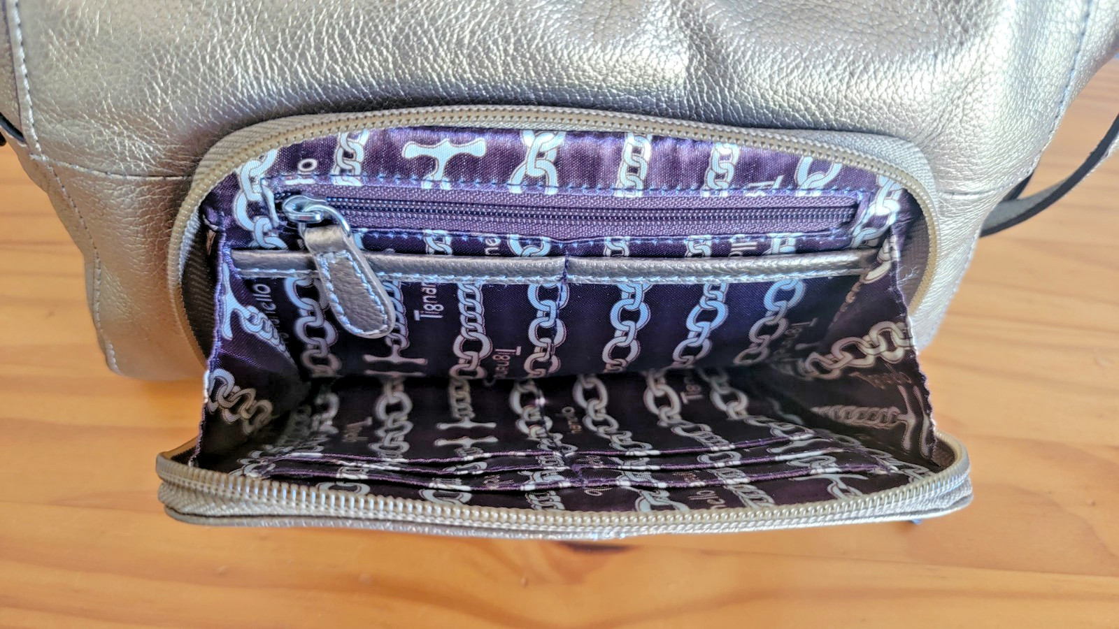 Tignanello Metallic Old Gold Pebbled Leather Crossbody Bag Purse Multi Pocket