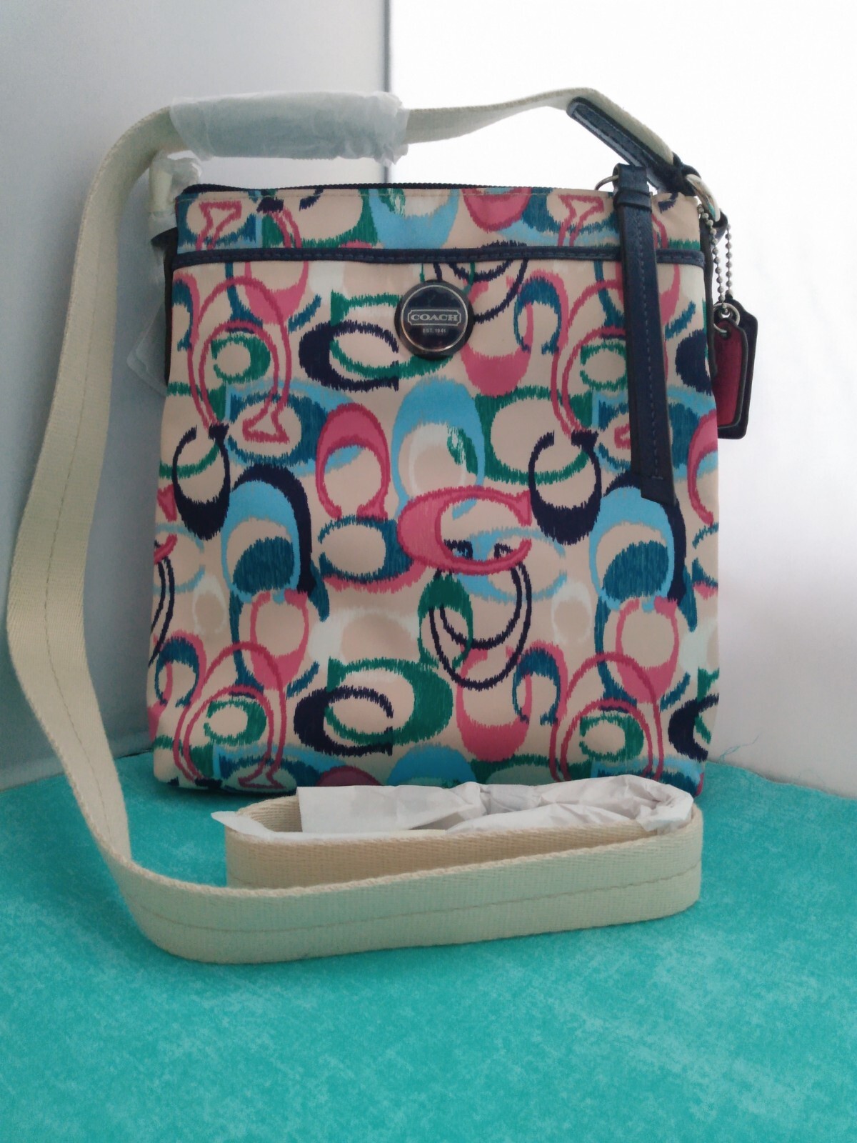 💚 Coach NWT SIS Ikat Swingpack Crossbody F49495 SV/Multi Color Pink Green Blue