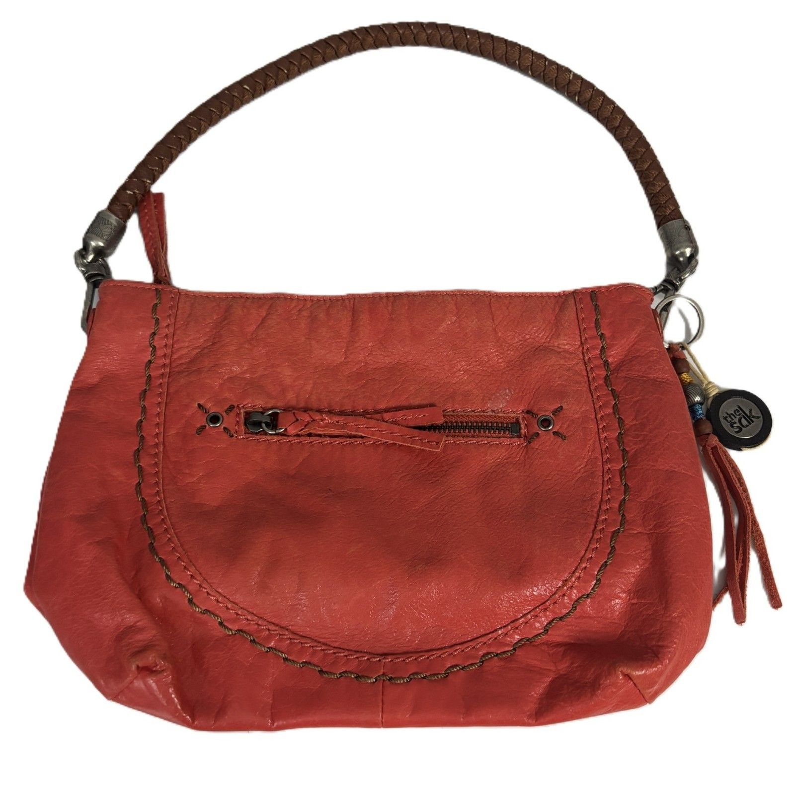 The Sak Indio Hobo Bag Purse Shoulder Leather Baguette Braided Strap Orange
