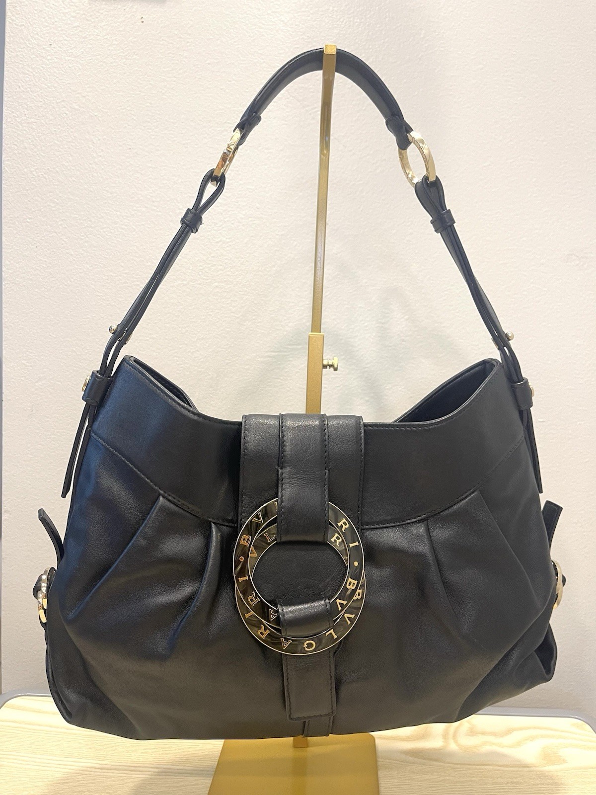 BVLGARI Women’s Black Shoulder Bag Gold Hardware Logo Buckle Zip Detachable