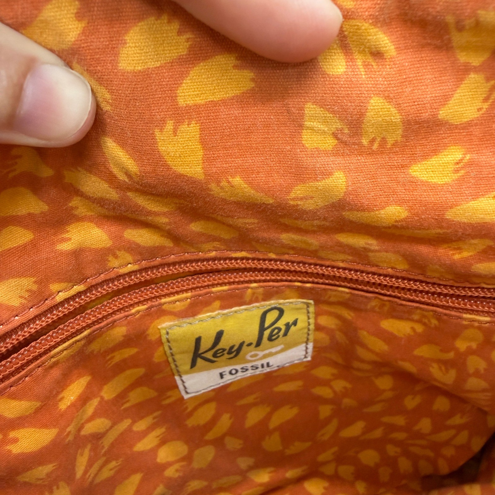 Fossil Key-Per Brown Quilted Floral Nylon Canvas Crossbody Bag Orange Key Charm