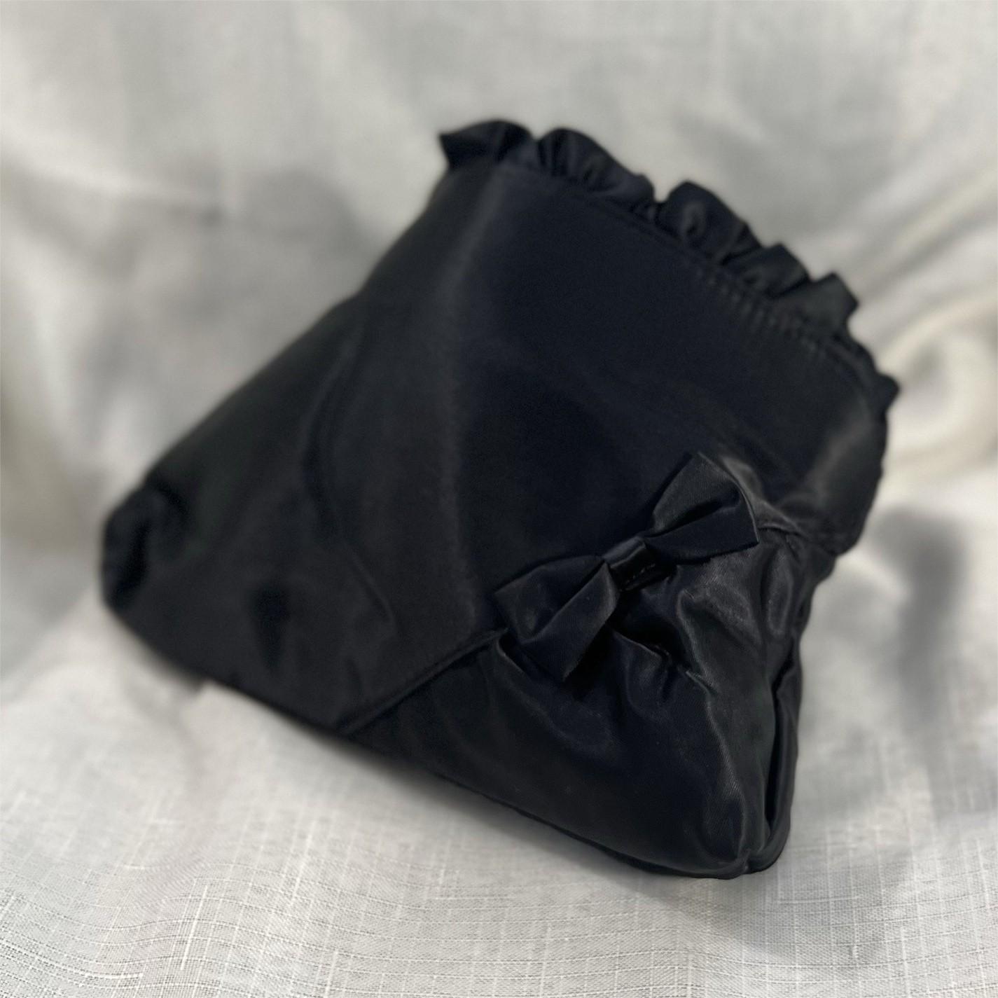 Black Satin Finish Drawstring Pouch Clutch w/ Shoulder Strap Bow Ruffle