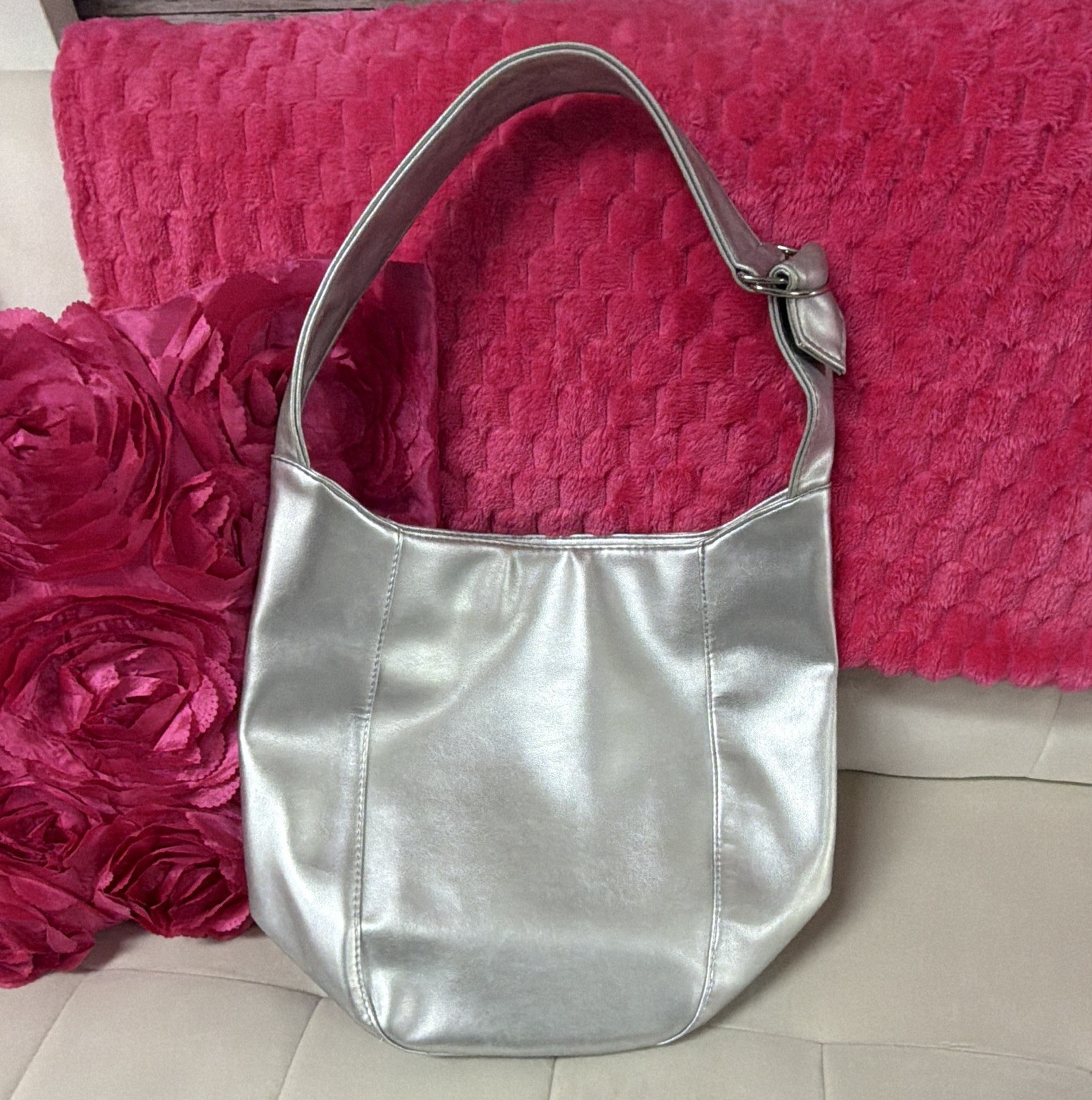 Neiman Marcus Silver Metallic Shoulder Bag Buckle Accent Solid Silver Hardware
