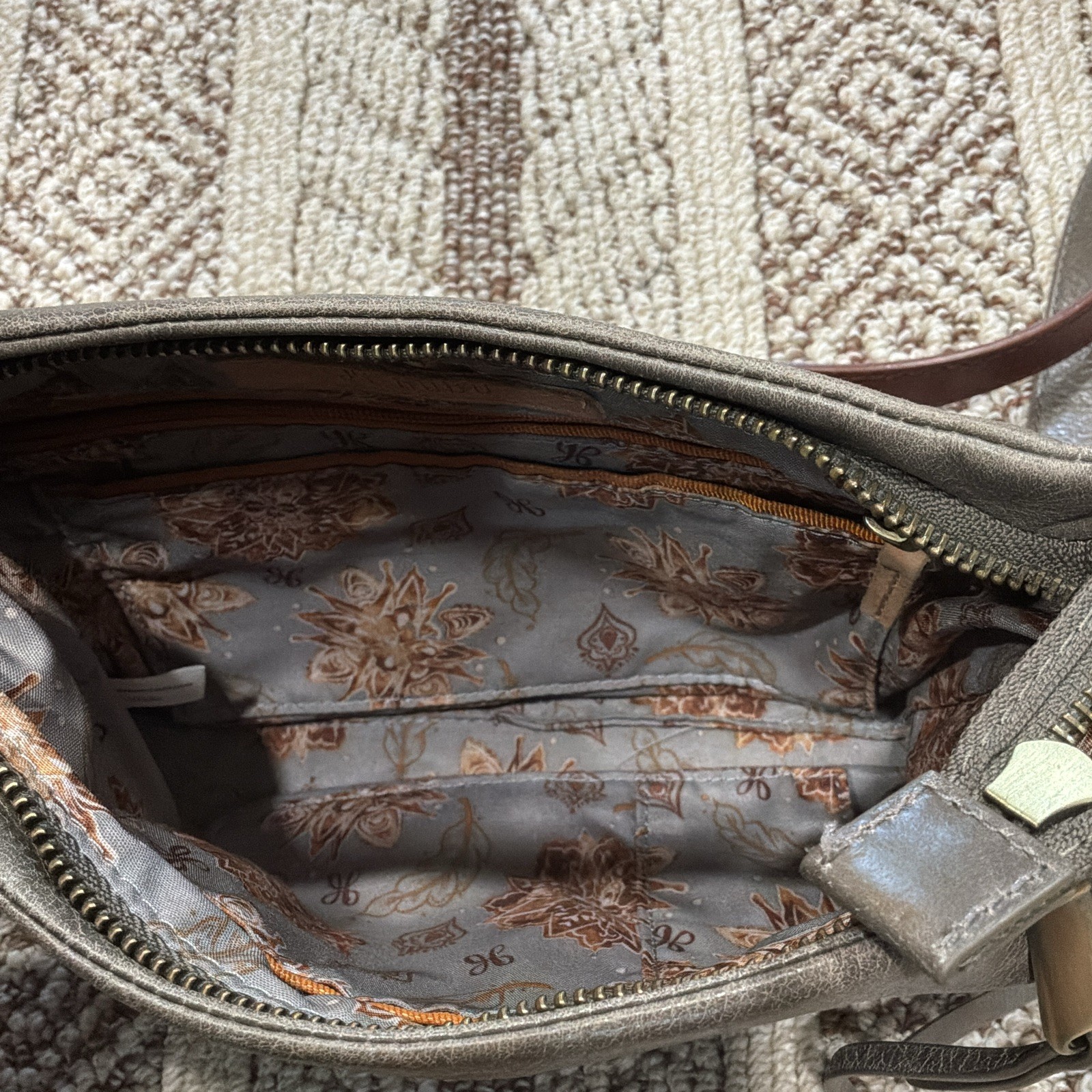 HOBO Gray/Greenish Brown Leather Crossbody Bag Soft Whipstitch Small