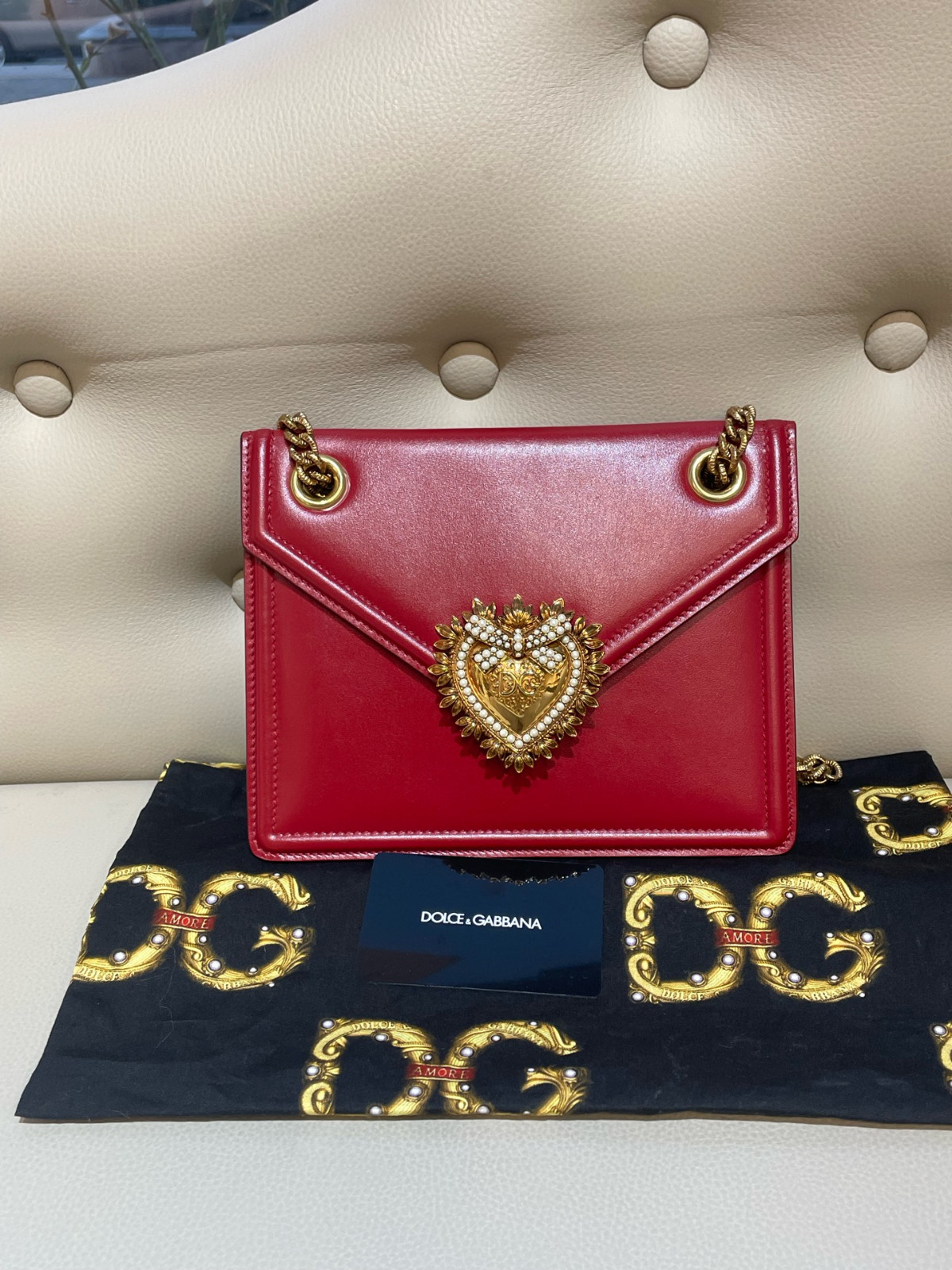 Dolce & Gabbana Devotion Red Leather Crossbody Bag Auth 20x16cm