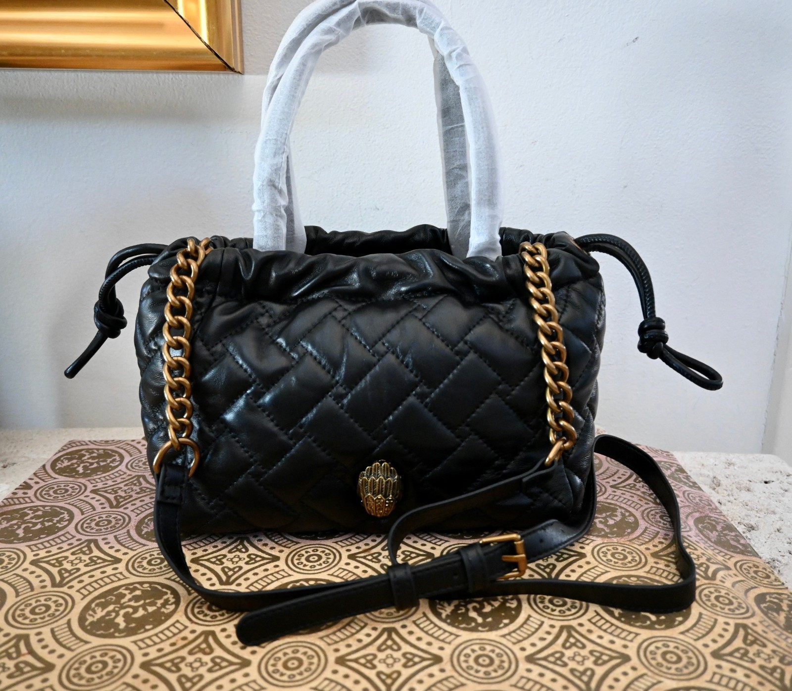 $350 KURT GEIGER London KENSINGTON Small Quilted Leather Drawstring Bag Black