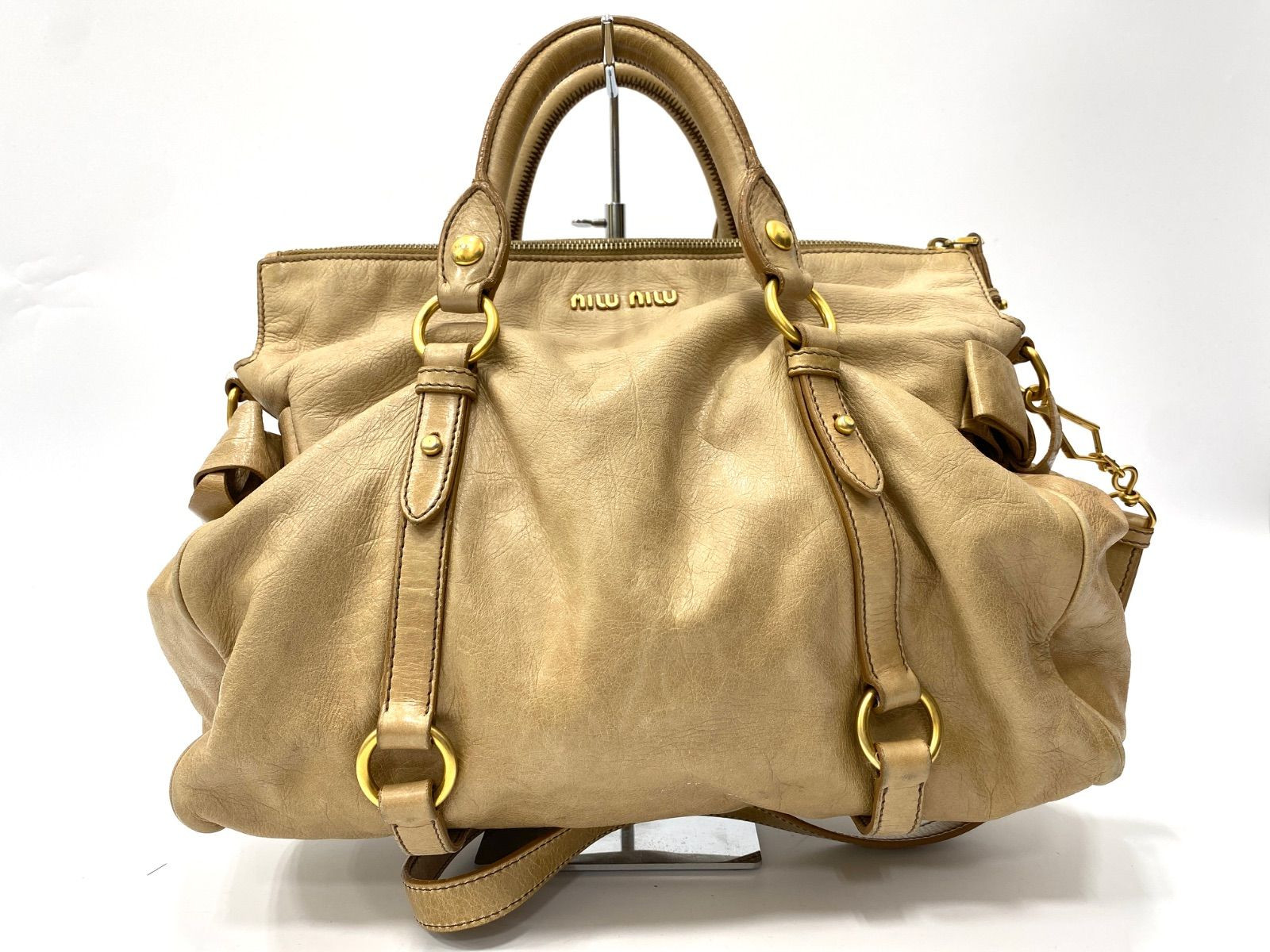Miu Miu Vitello Lux Side Ribbon 2Way Leather Hand Shoulder Bag Beige Gold 14.2in