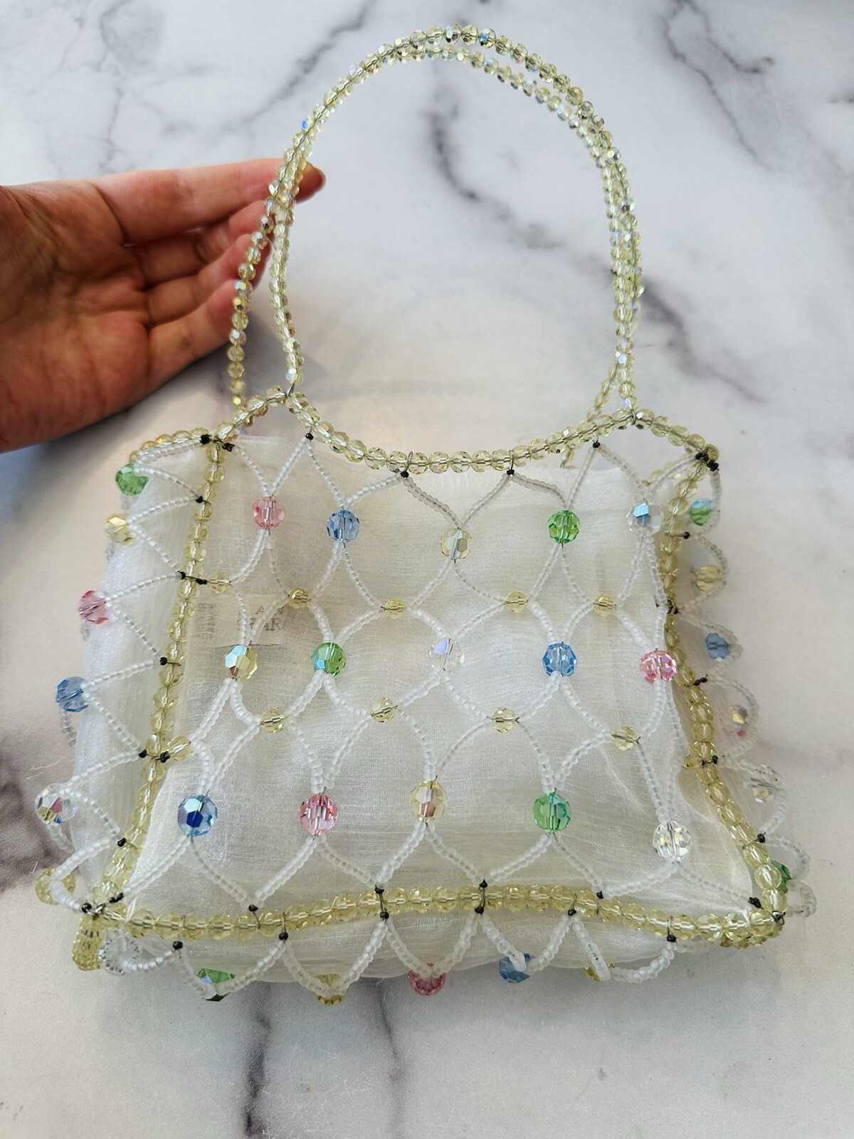 Daniel Swarovski Paris Yellow Pink Blue Green AB Crystal Beads Satin Mini Bag