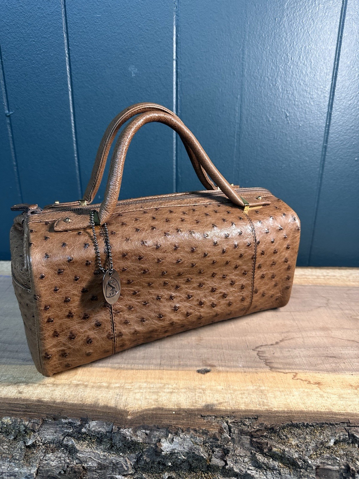 JRA Genuine Ostrich Leather Boston Satchel Cognac Brown Doctor Bag Japan