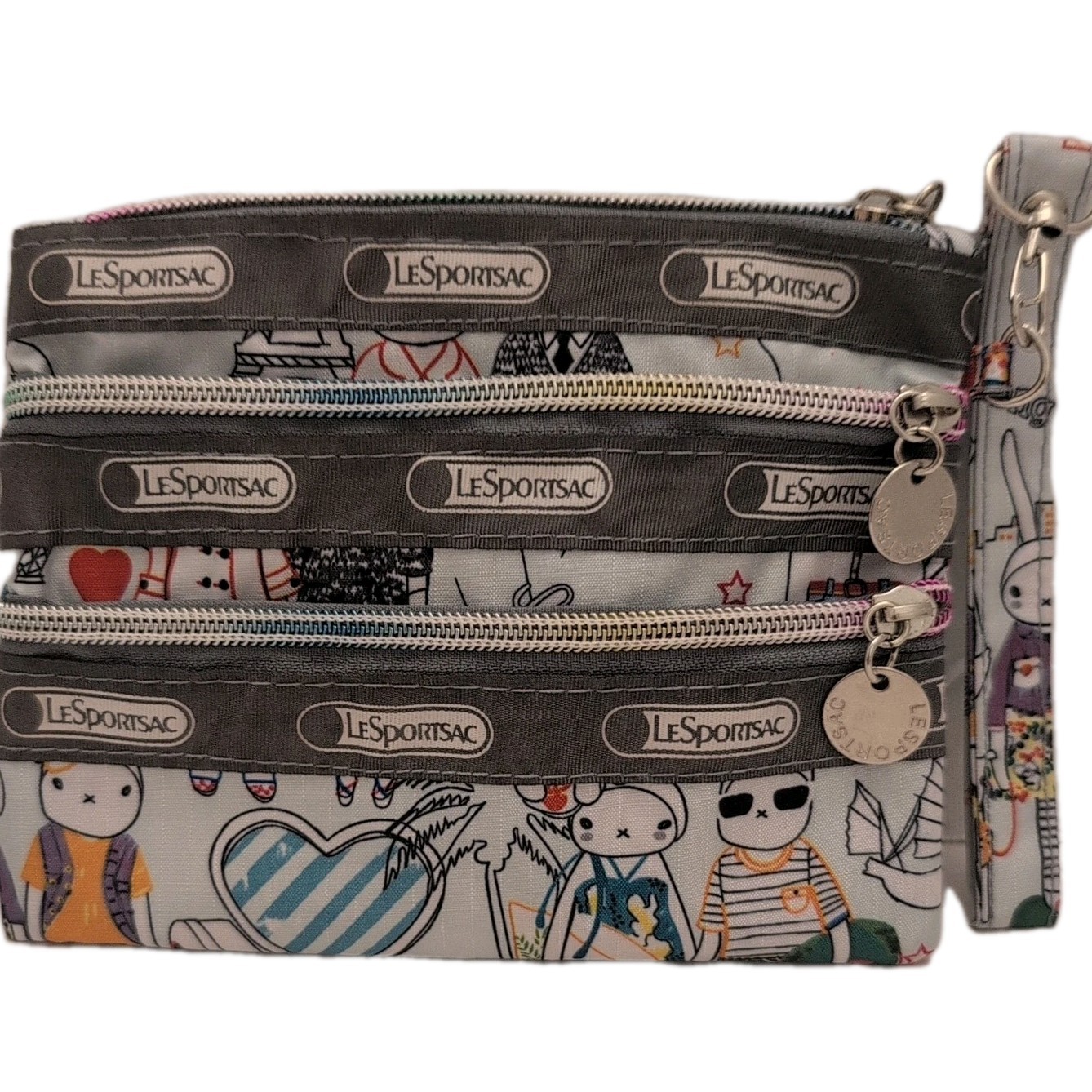 RARE LeSportsac Fifi Lapin Sweethearts 3 Zipper Writslet Blue And Gray